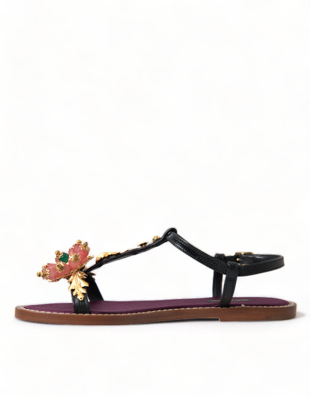 Dolce & Gabbana Schwarze Kristallgold-Sandalen aus Leder