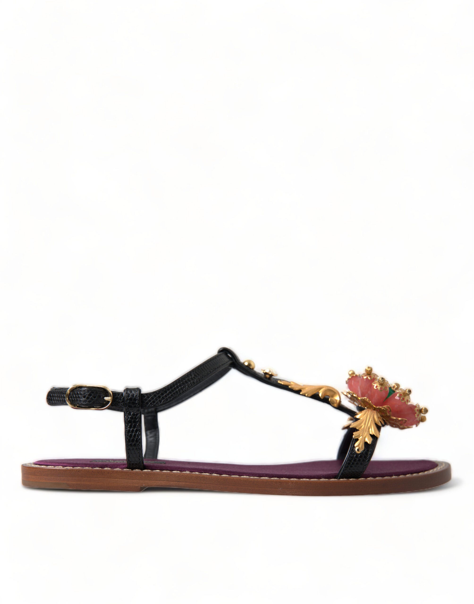 Dolce & Gabbana Schwarze Kristallgold-Sandalen aus Leder