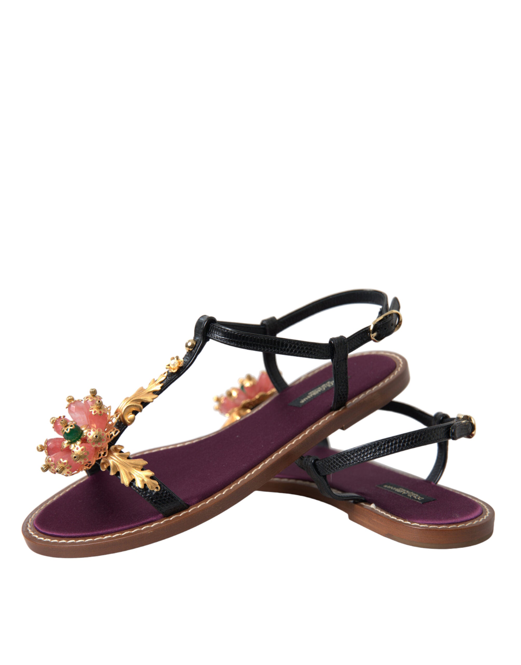 Dolce & Gabbana Schwarze Kristallgold-Sandalen aus Leder
