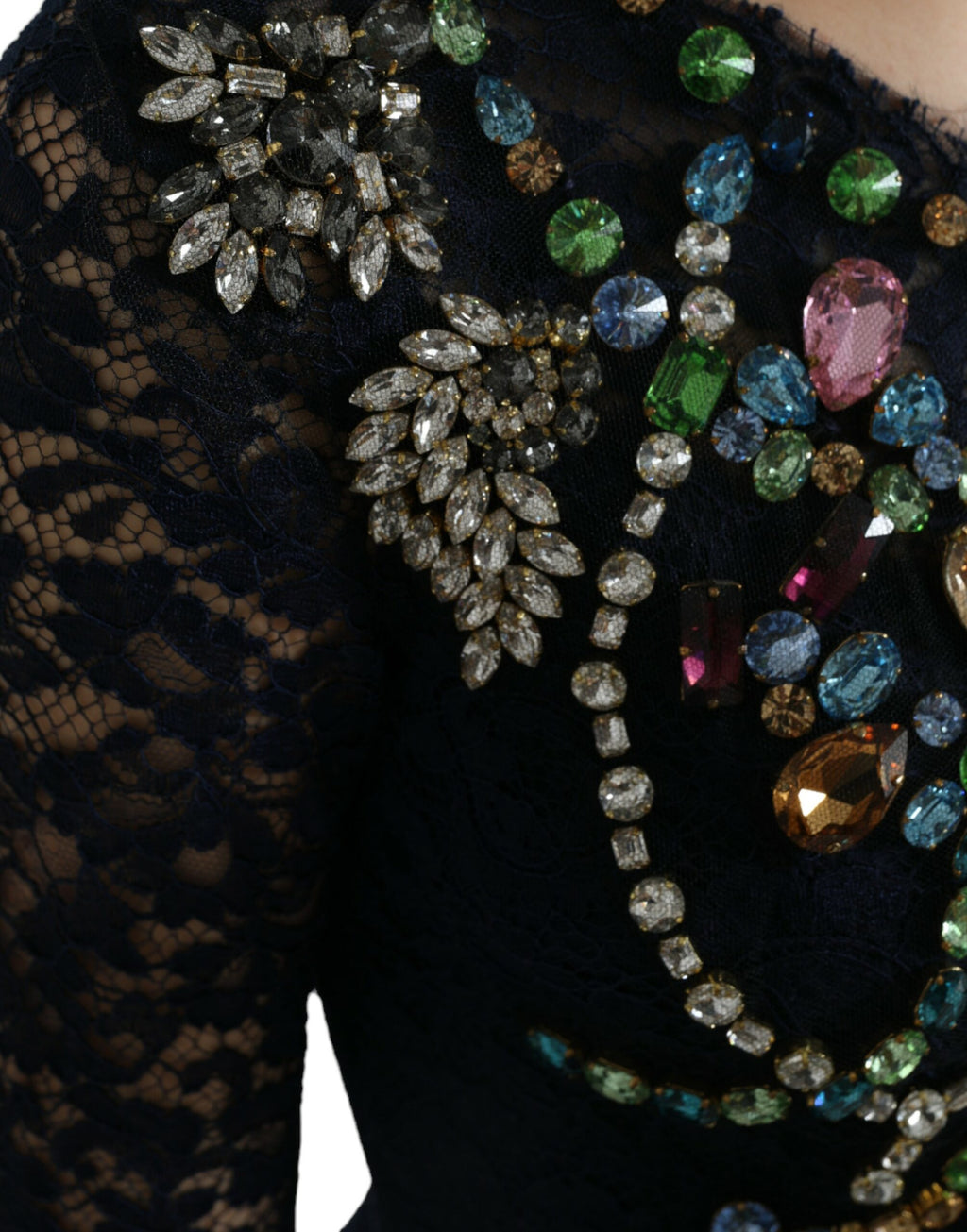 Dolce & Gabbana Blaues Kleid aus geblümter Spitze mit Kristall