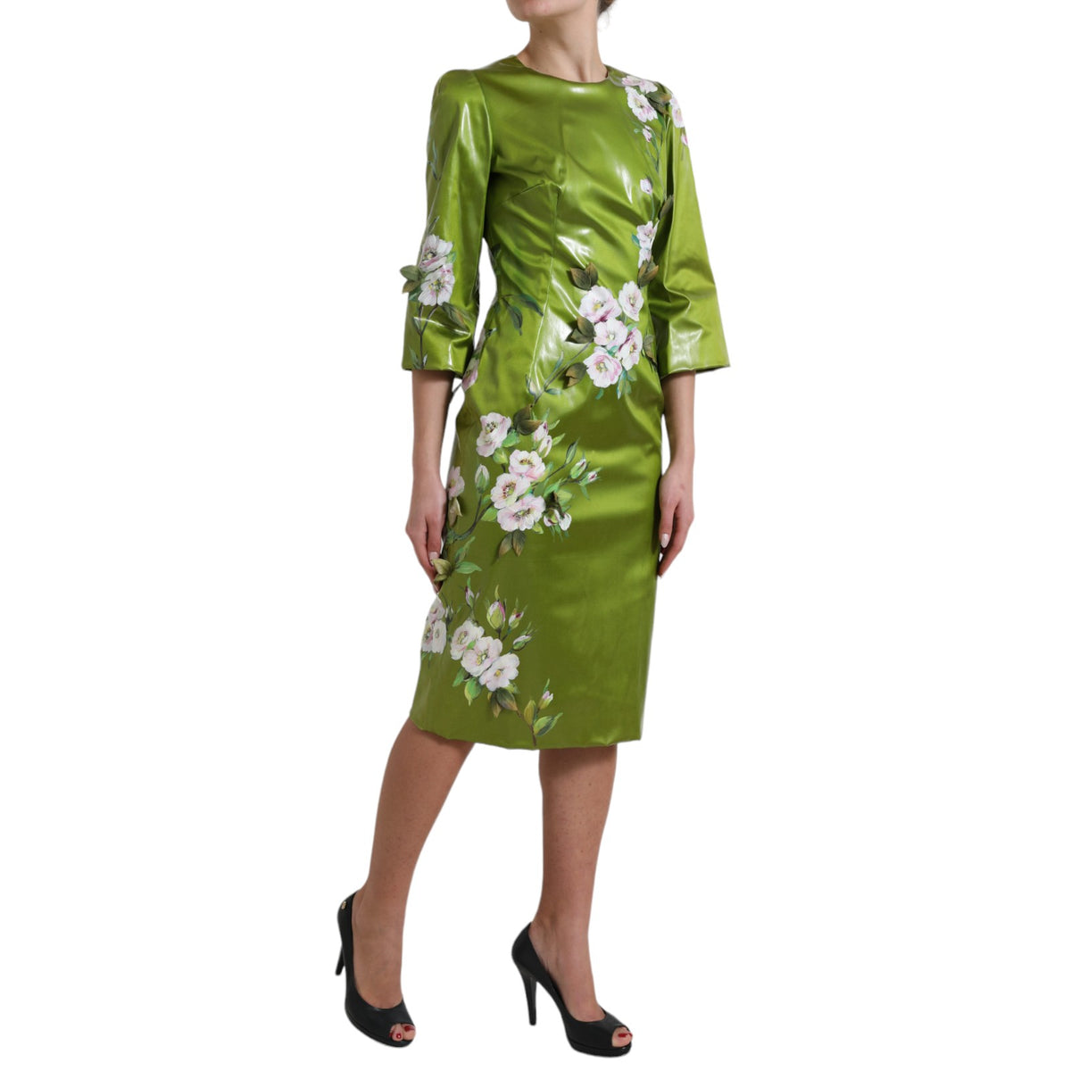 Dolce & Gabbana Groene, Gebloemde, Versierde Midi Kokerjurk
