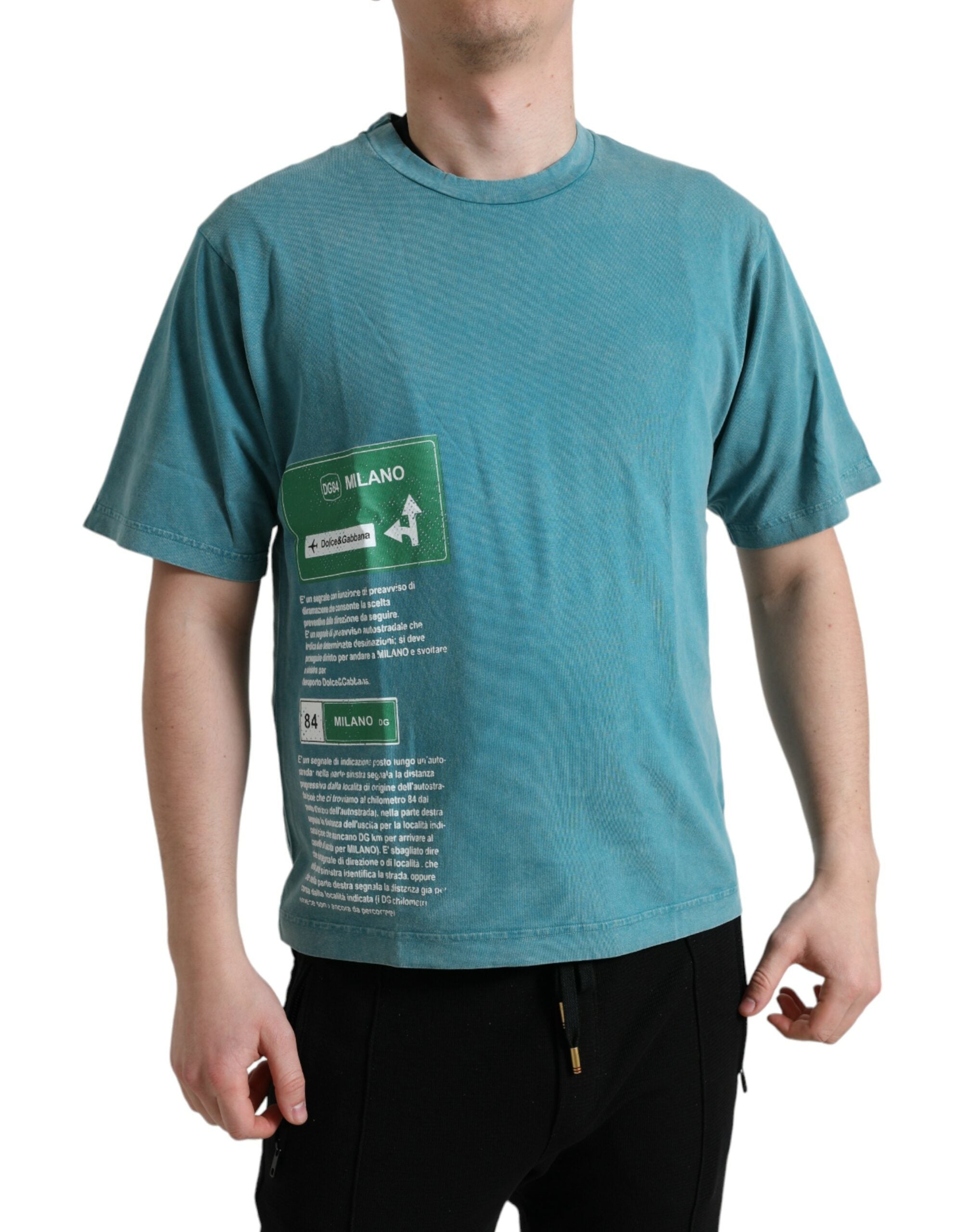 Dolce & Gabbana Blaues Baumwoll-T-Shirt mit Rundhalsausschnitt Milano Street