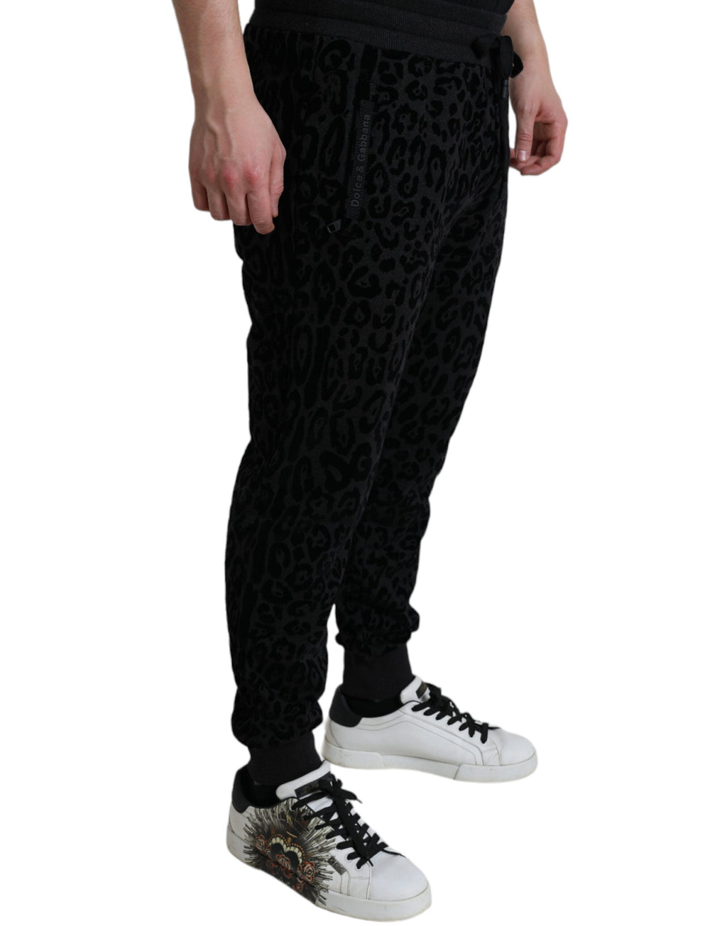 Dolce & Gabbana Schwarzer Leopard Baumwolle Slim Fit Jogger Hose