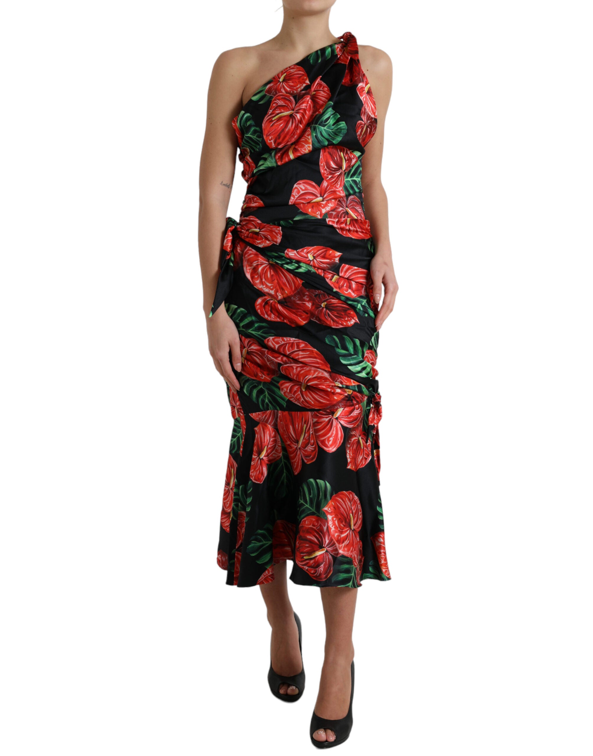 Dolce & Gabbana Schwarzes, glänzendes, geblümtes Seidenkleid mit Drapierung
