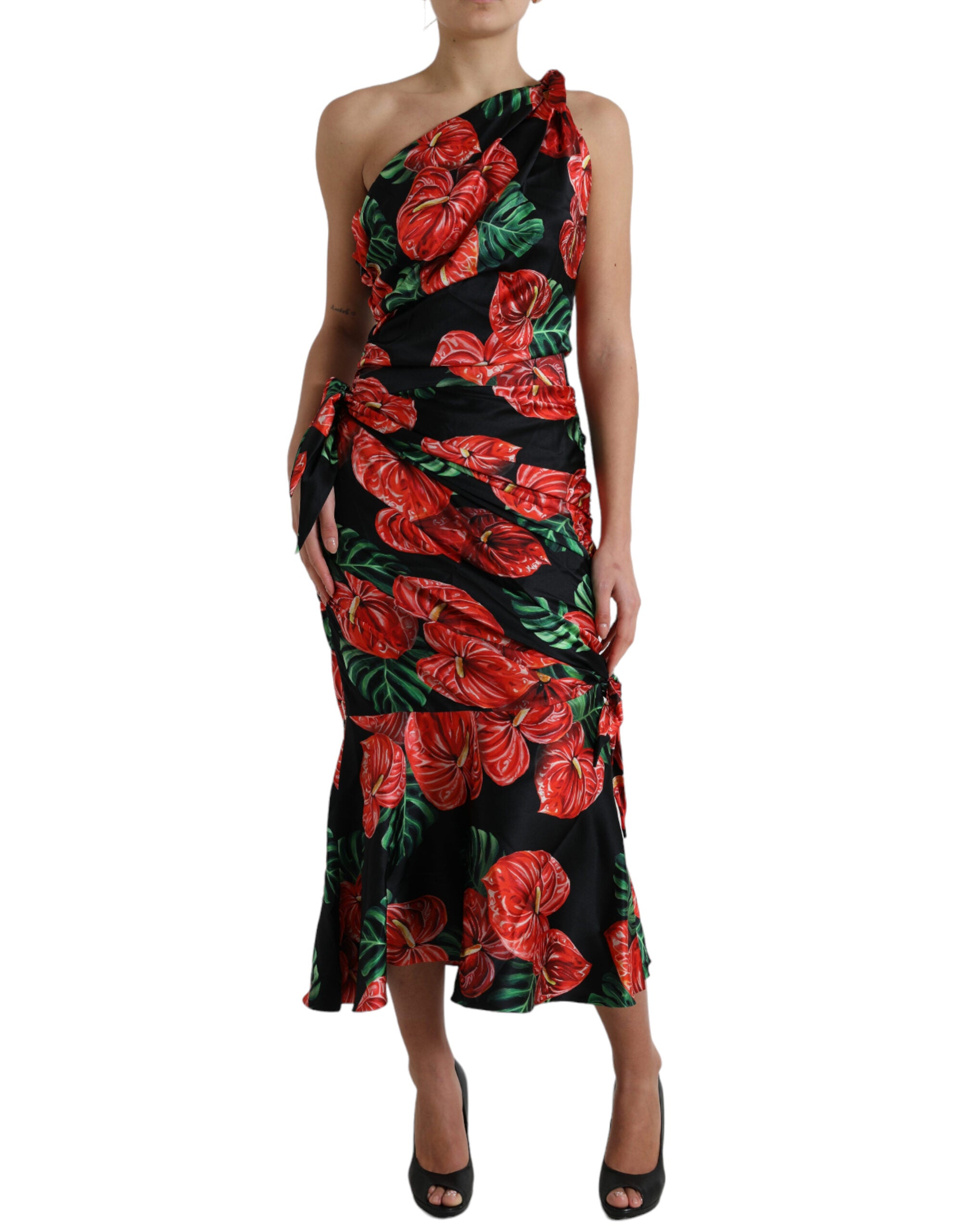 Dolce & Gabbana Schwarzes, glänzendes, geblümtes Seidenkleid mit Drapierung