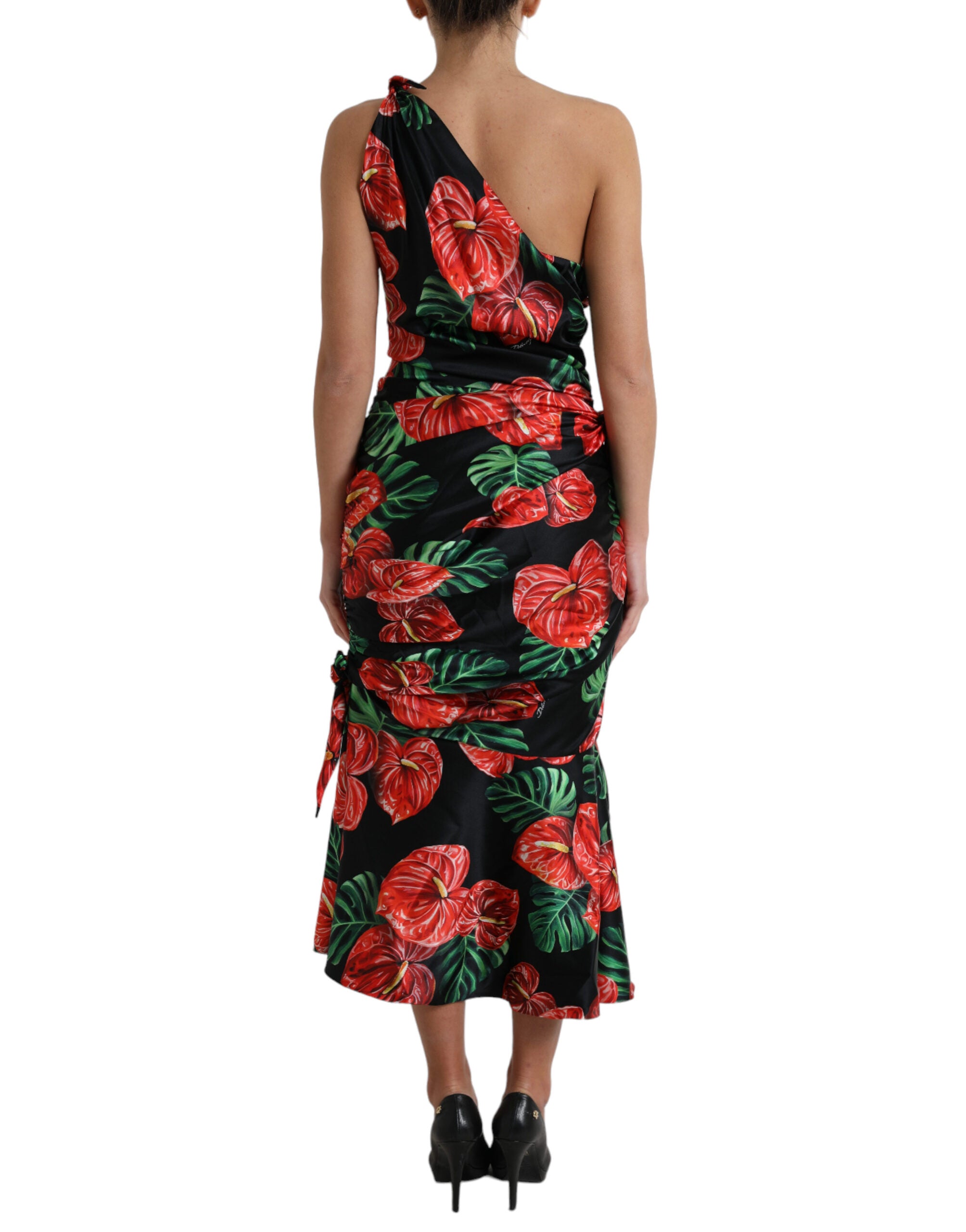 Dolce & Gabbana Schwarzes, glänzendes, geblümtes Seidenkleid mit Drapierung