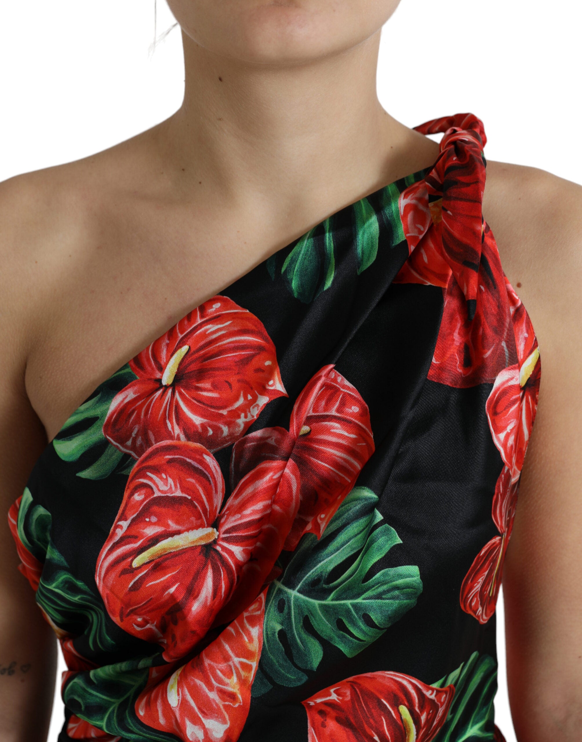 Dolce & Gabbana Schwarzes, glänzendes, geblümtes Seidenkleid mit Drapierung