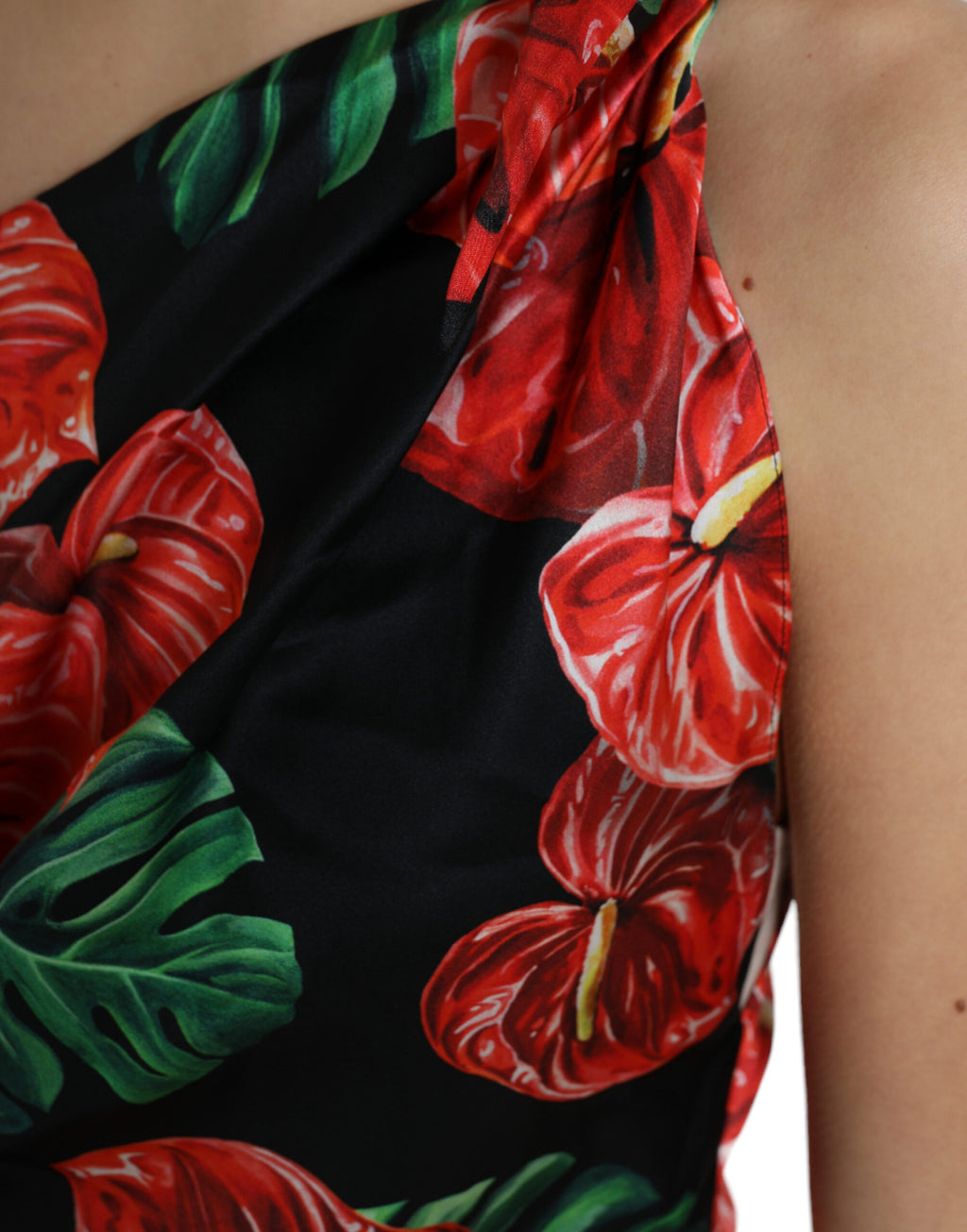 Dolce & Gabbana Schwarzes, glänzendes, geblümtes Seidenkleid mit Drapierung