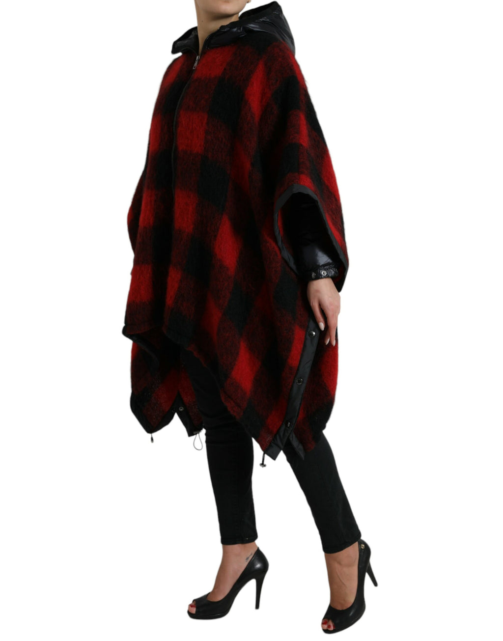 Dolce & Gabbana Schwarz Rot Büffelkaro Poncho Jacke mit Kapuze
