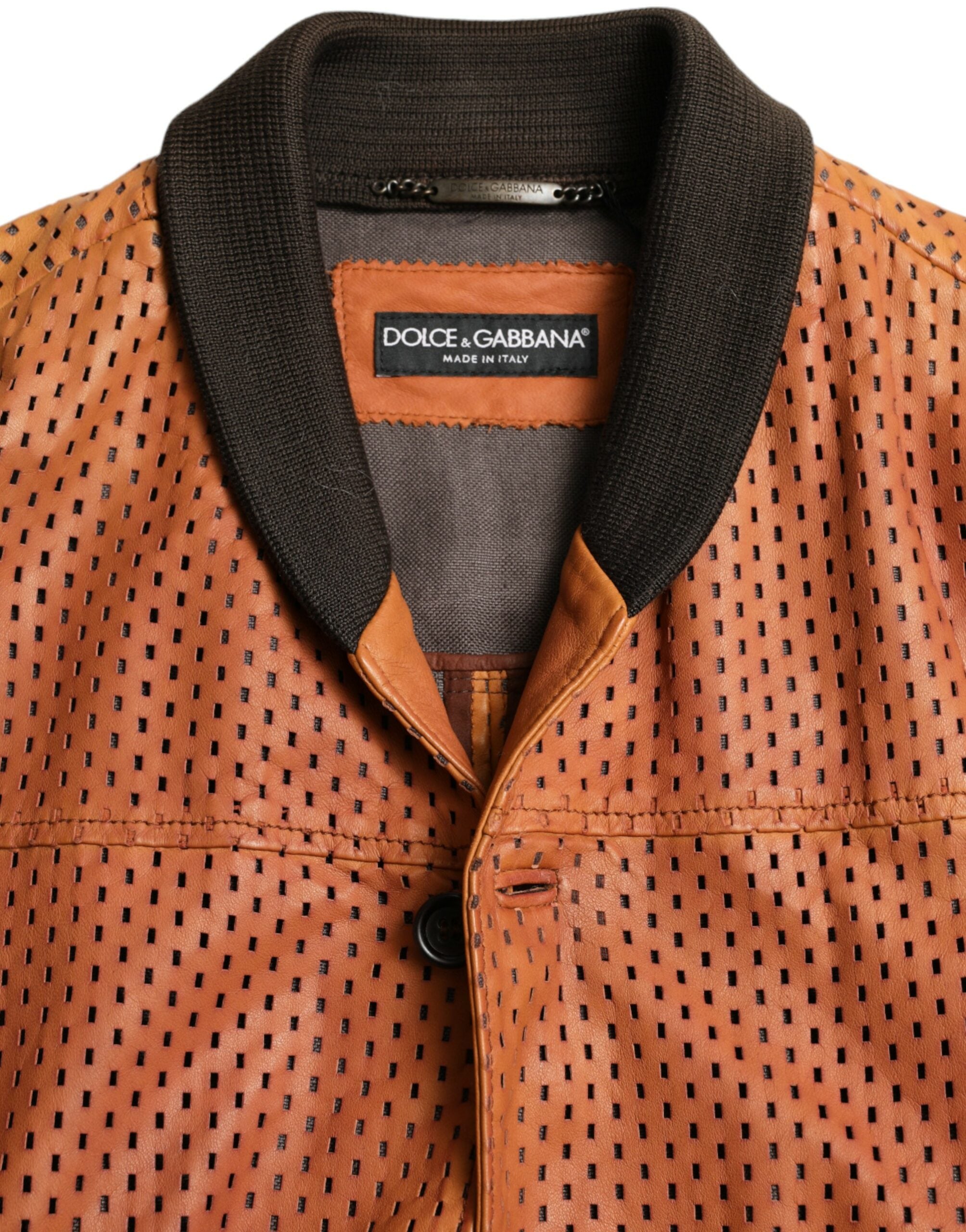 Dolce & Gabbana Braune Lammfelllederjacke mit Perforation