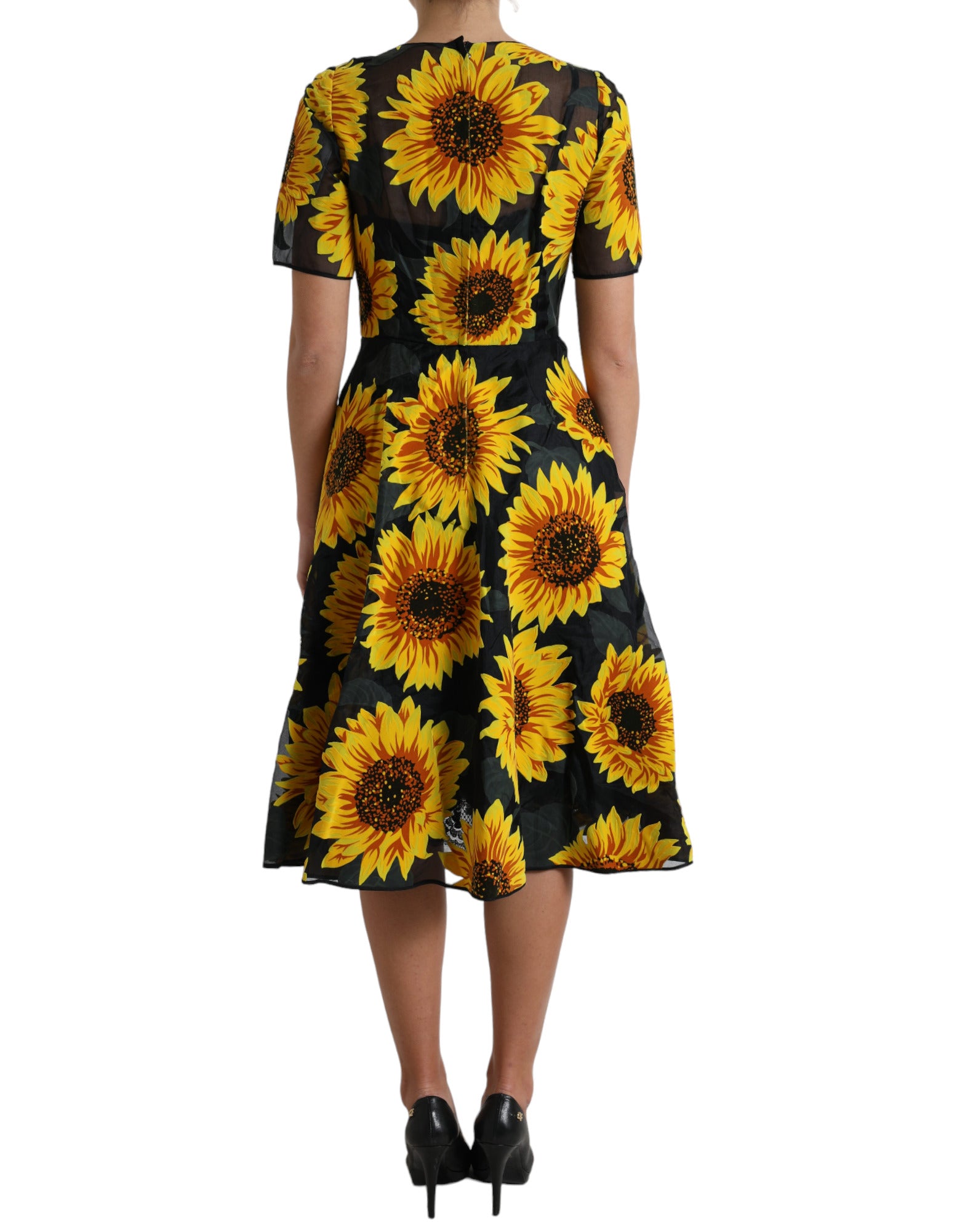 Dolce & Gabbana Schwarzes Midikleid mit Sonnenblumendruck aus Nylon in A-Linie