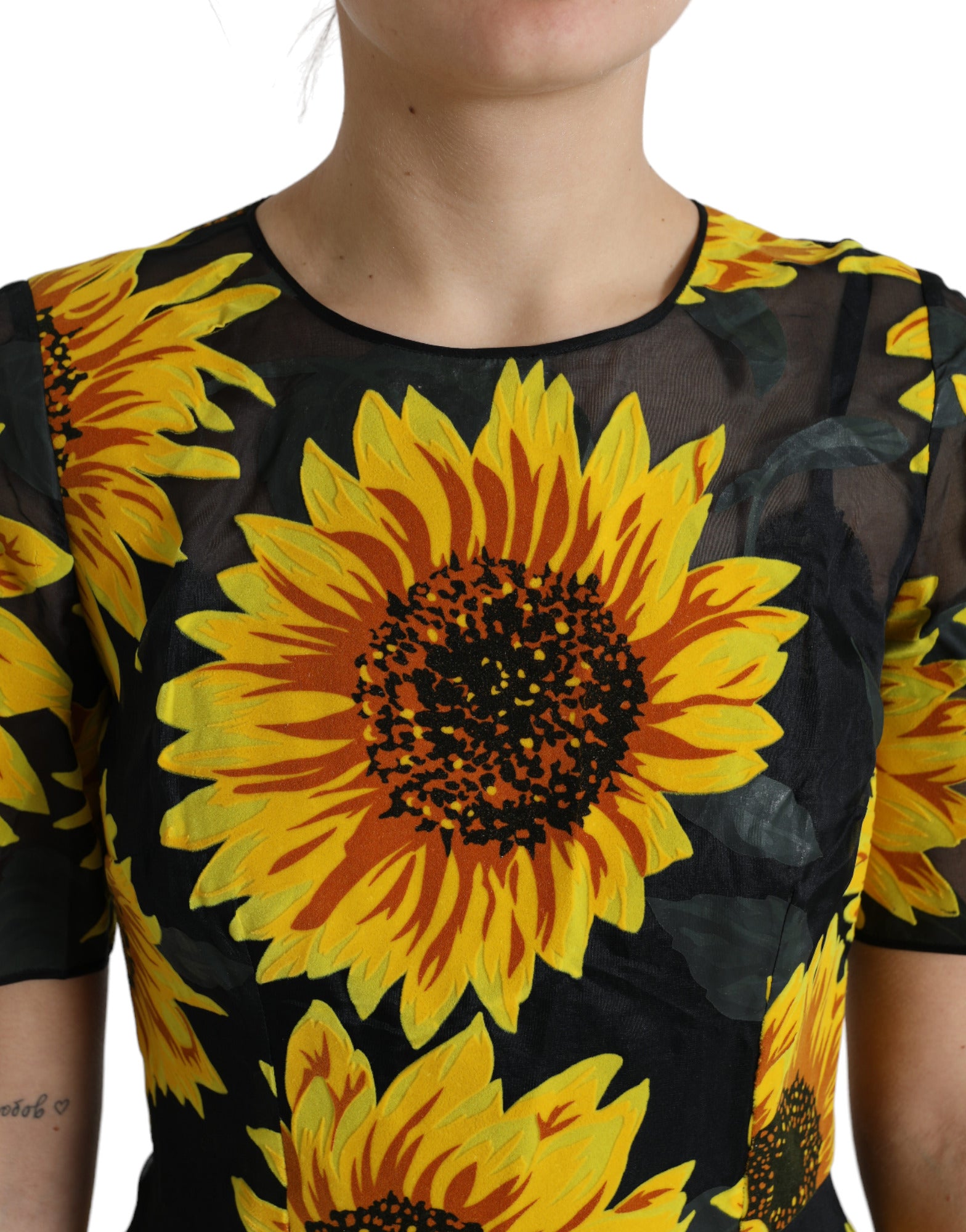 Dolce & Gabbana Schwarzes Midikleid mit Sonnenblumendruck aus Nylon in A-Linie