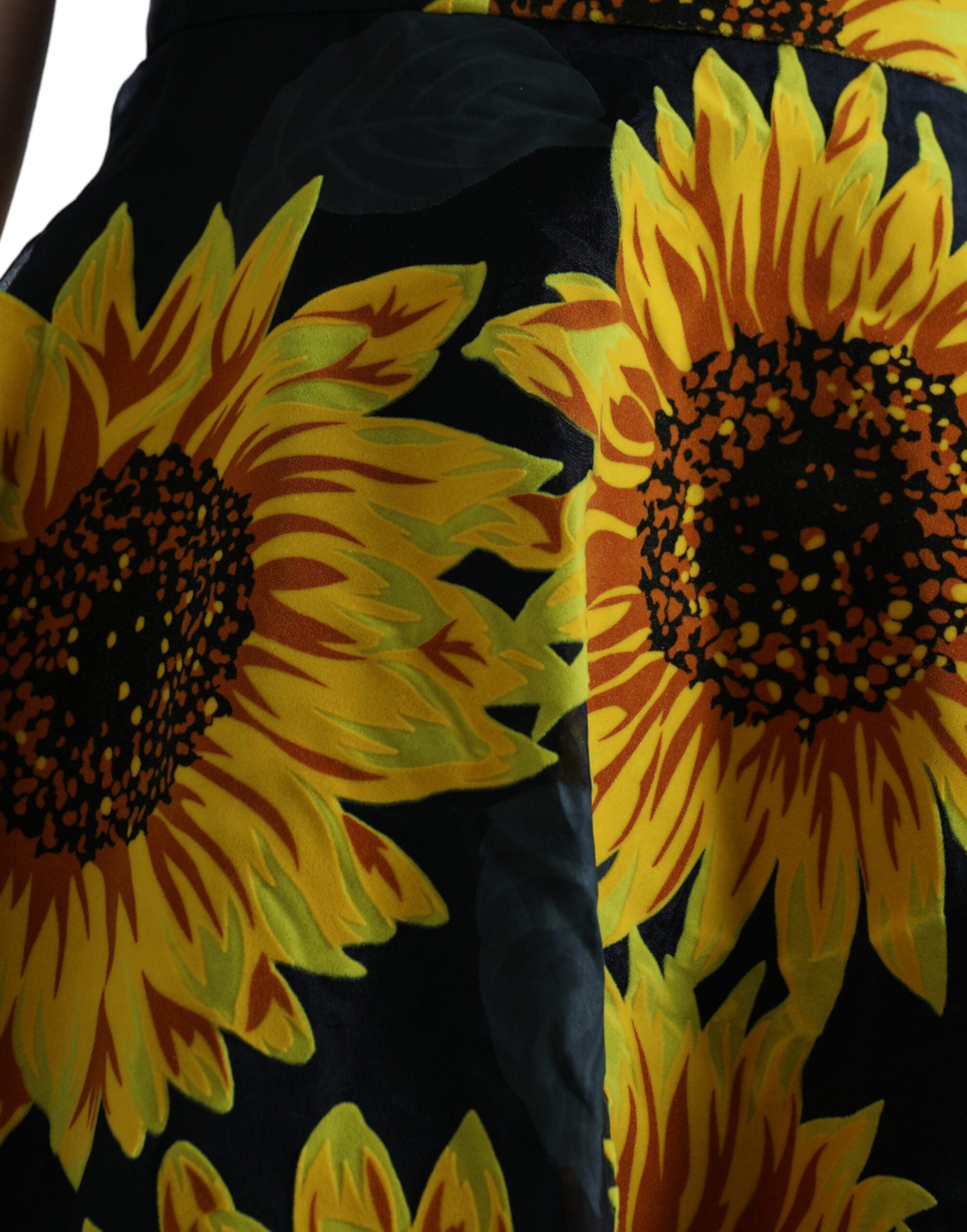 Dolce & Gabbana Schwarzes Midikleid mit Sonnenblumendruck aus Nylon in A-Linie