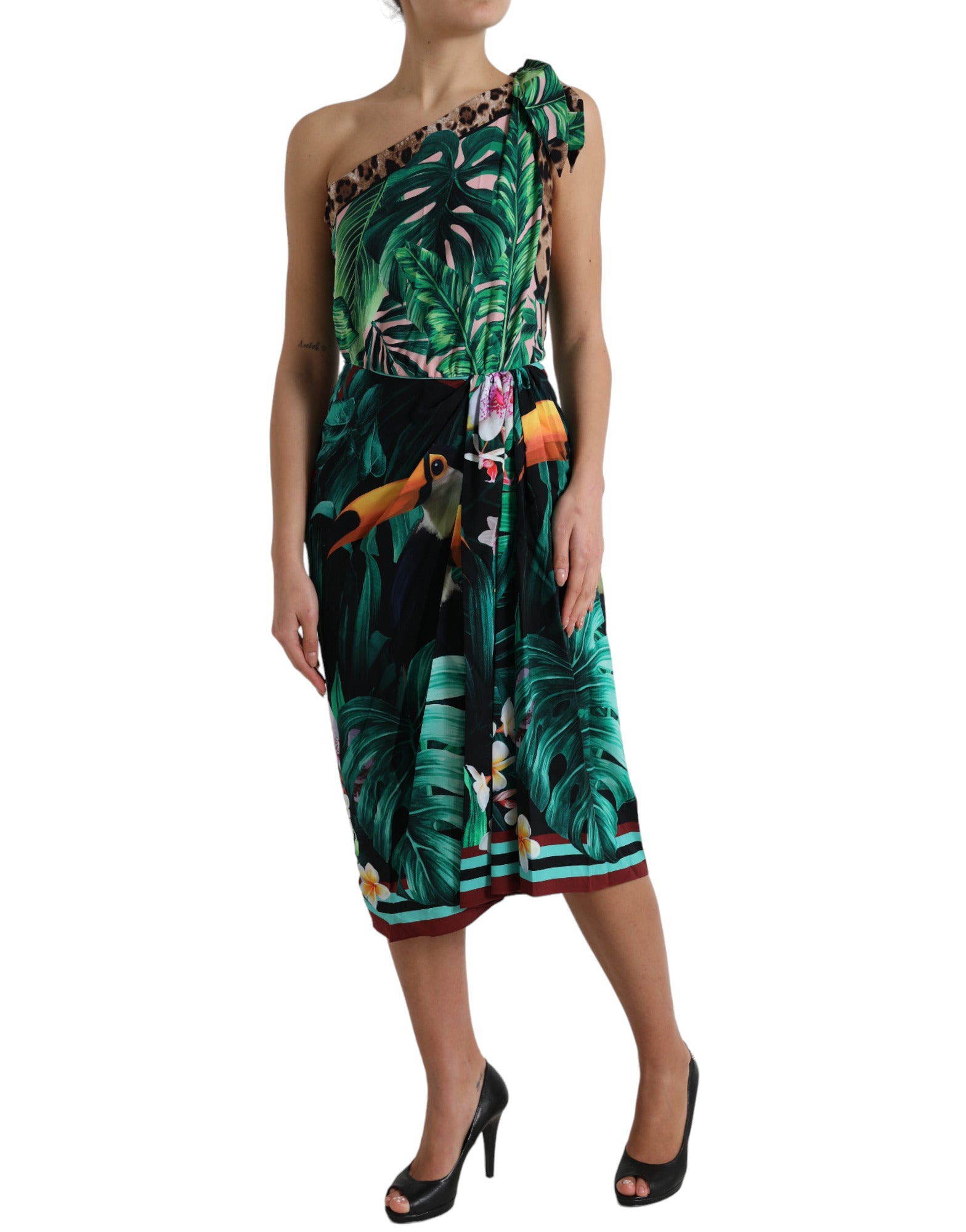 Dolce & Gabbana Grünes tropisches Dschungel Print One Shoulder Midikleid