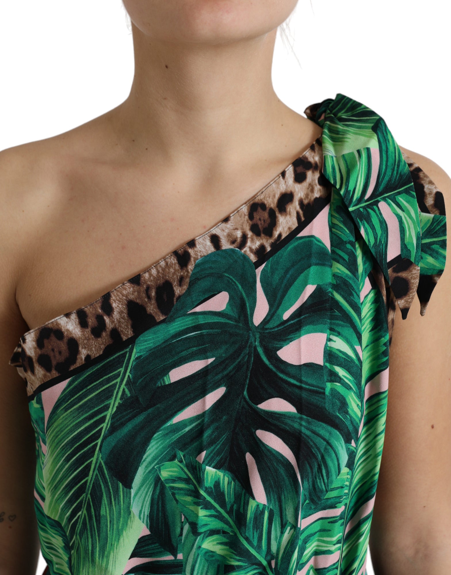 Dolce & Gabbana Grünes tropisches Dschungel Print One Shoulder Midikleid