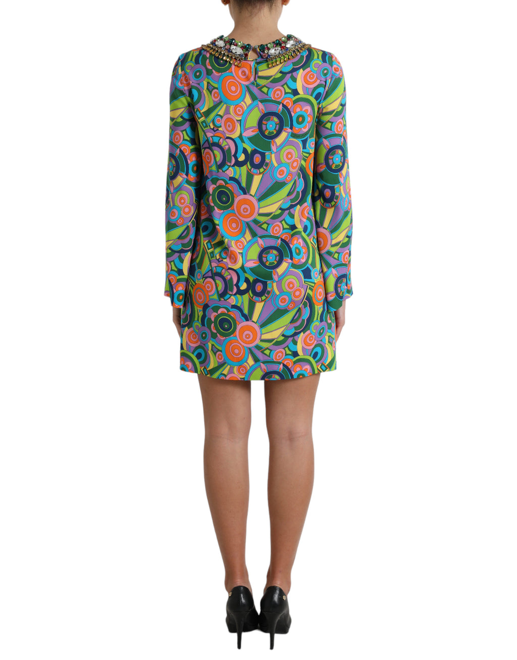 Dolce & Gabbana Multicolor Geometrischer Druck Seide Kristalle Midikleid