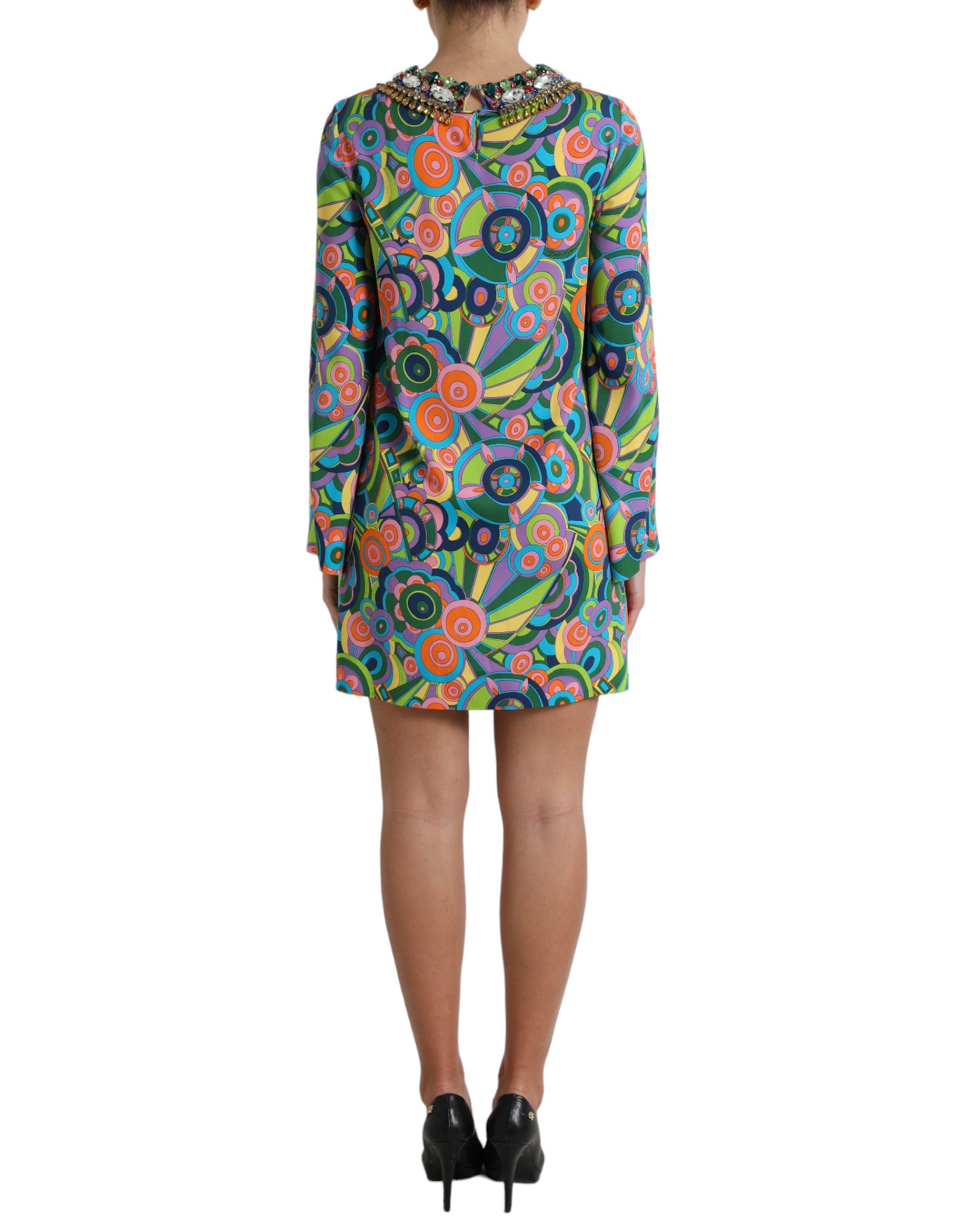 Dolce & Gabbana Multicolor Geometrischer Druck Seide Kristalle Midikleid