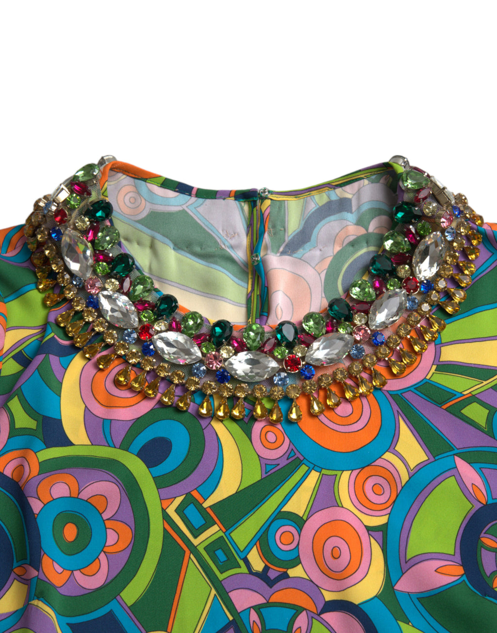 Dolce & Gabbana Multicolor Geometrischer Druck Seide Kristalle Midikleid