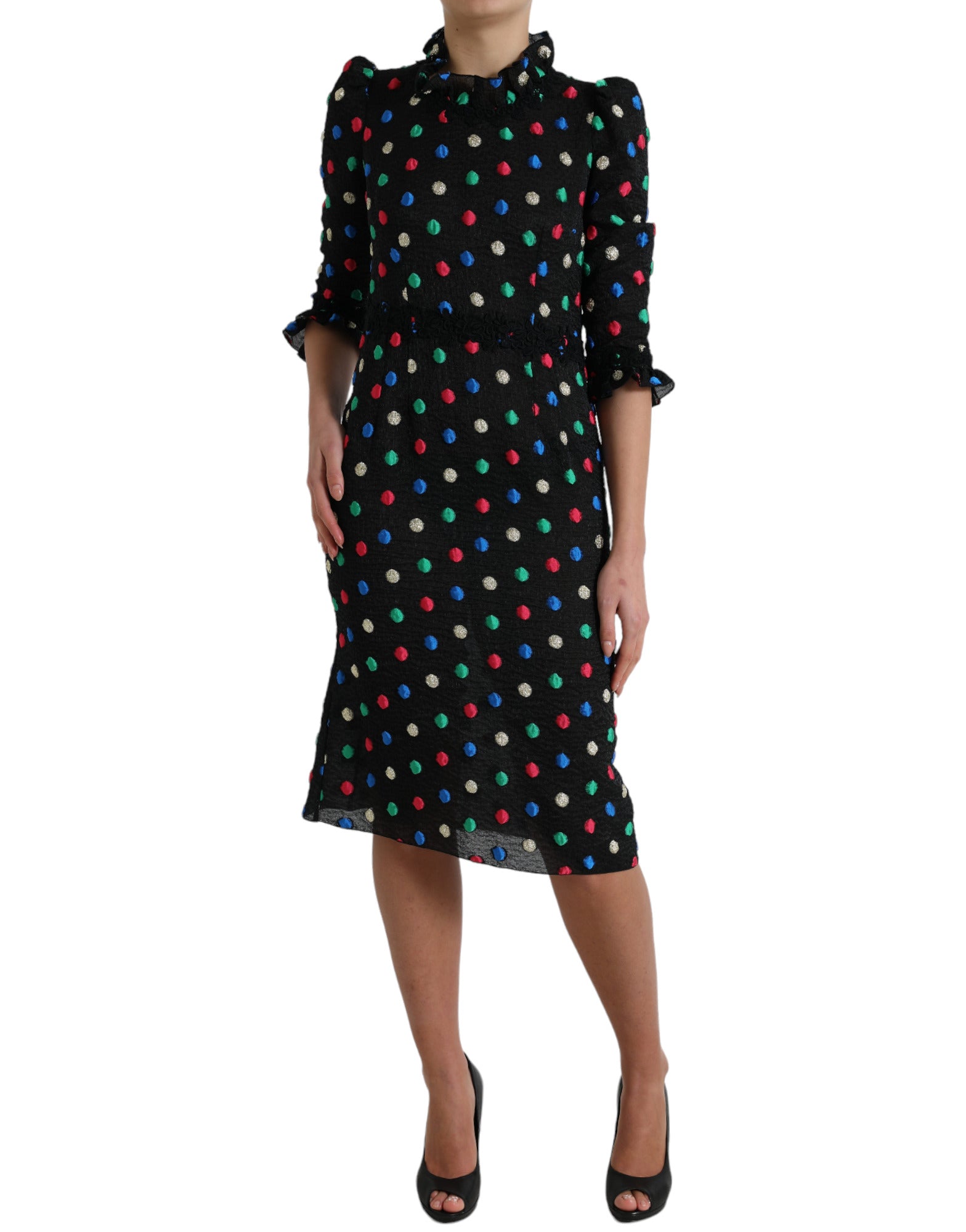 Dolce & Gabbana Schwarzes gepunktetes Midikleid mit Rüschen aus Baumwolle