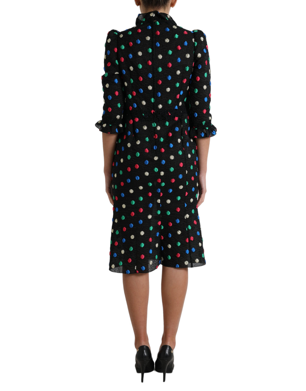 Dolce & Gabbana Schwarzes gepunktetes Midikleid mit Rüschen aus Baumwolle