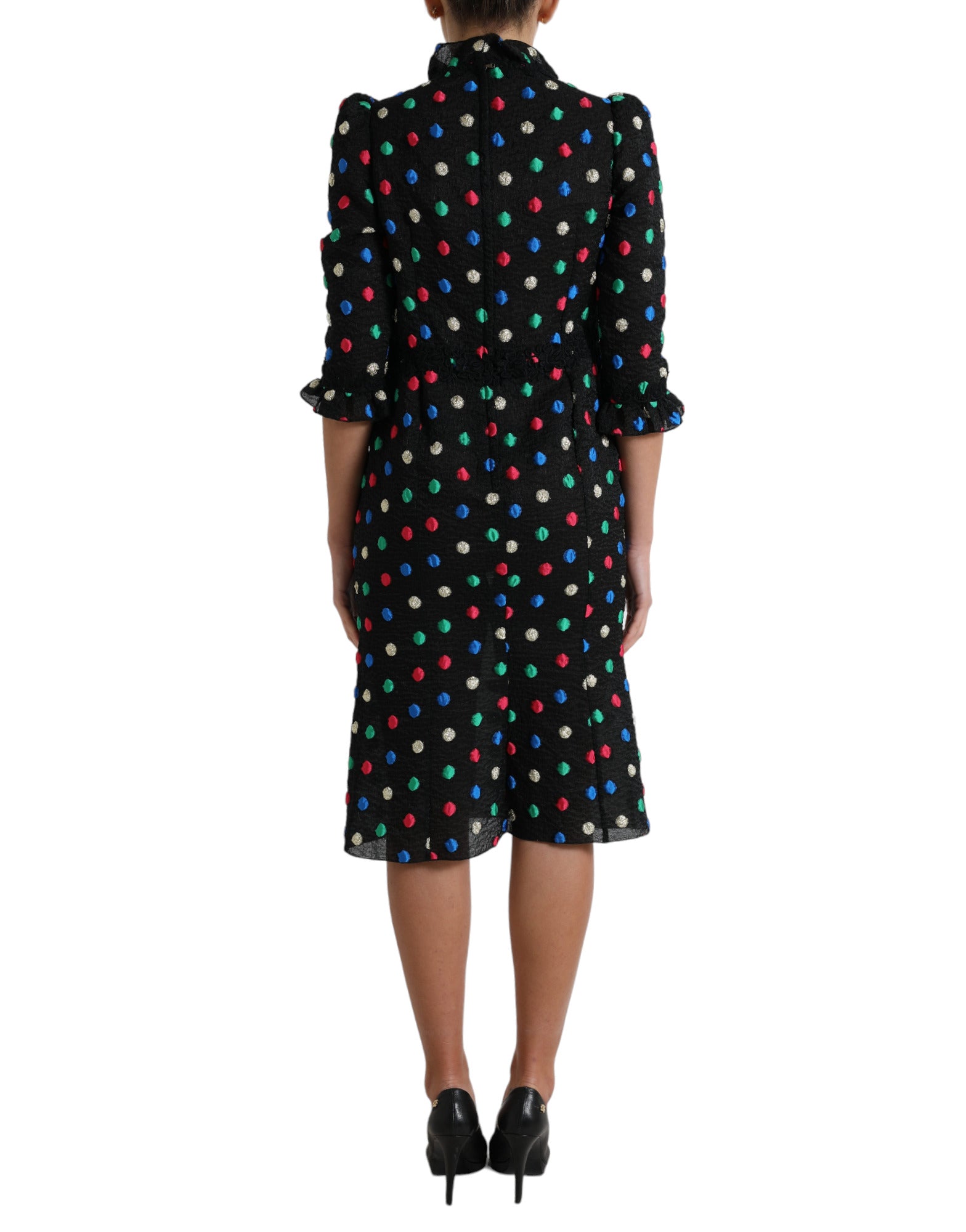Dolce & Gabbana Schwarzes gepunktetes Midikleid mit Rüschen aus Baumwolle