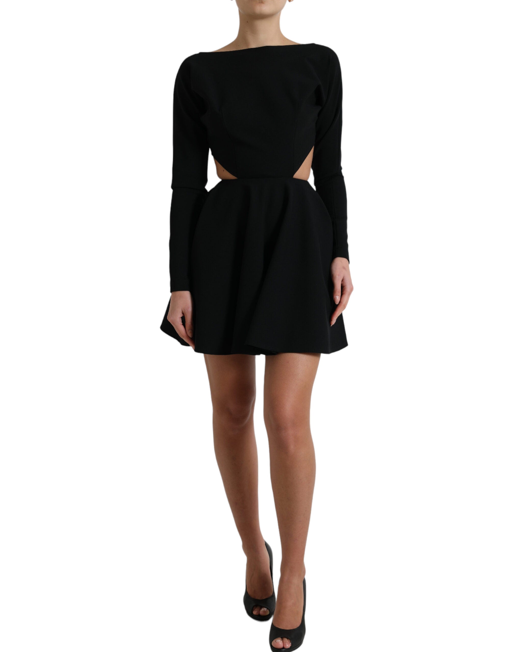 Dolce & Gabbana Schwarzes Minikleid aus Viskose mit langen Ärmeln und Ausschnitt