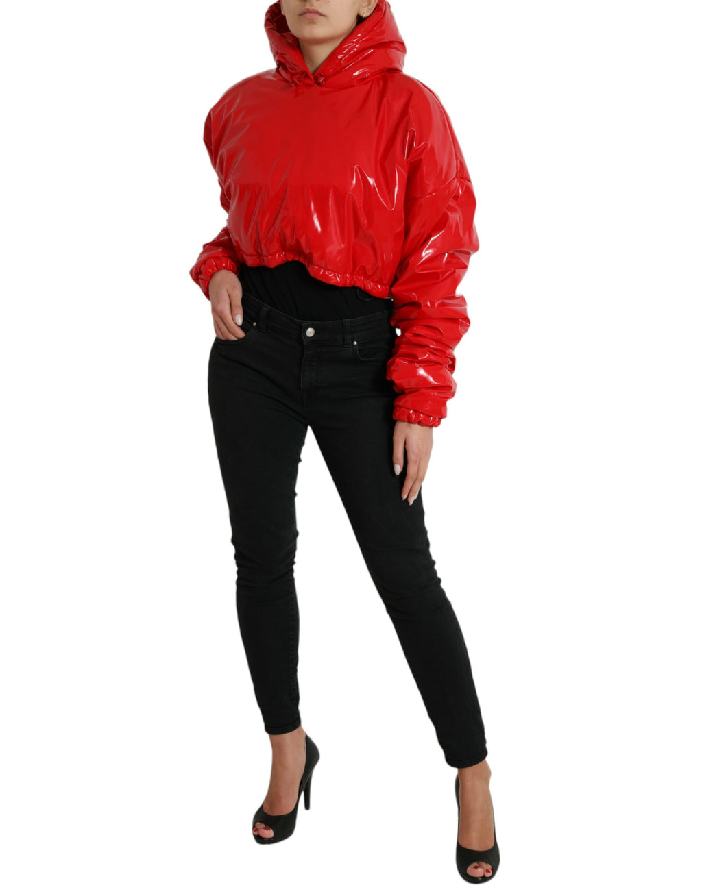 Dolce & Gabbana Glänzend rote Kurzmantel-Jacke mit Kapuze