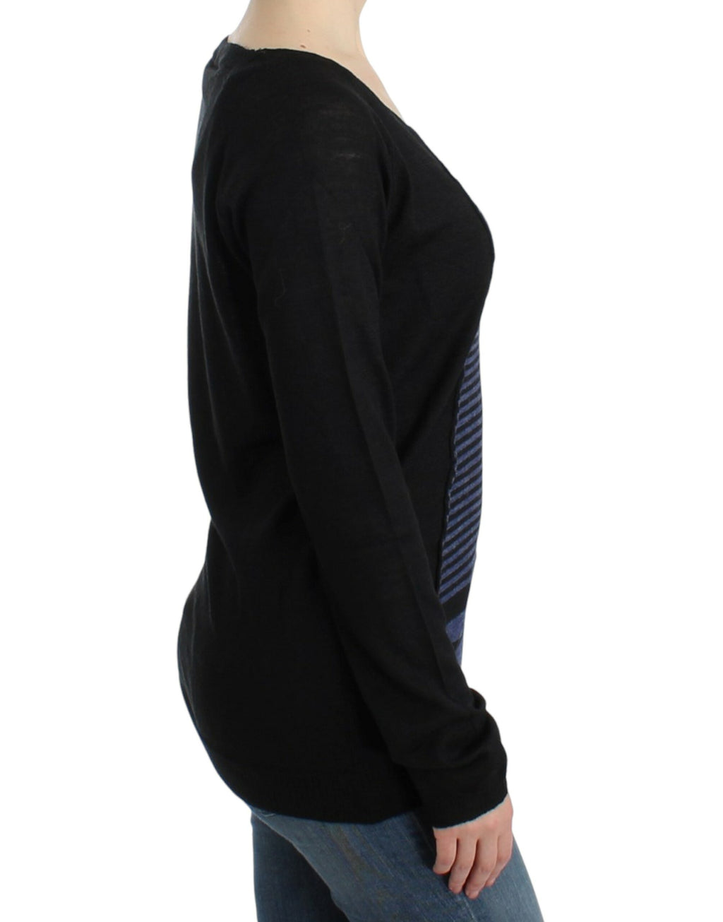 Costume National Schwarzer gestreifter Pullover mit V-Ausschnitt