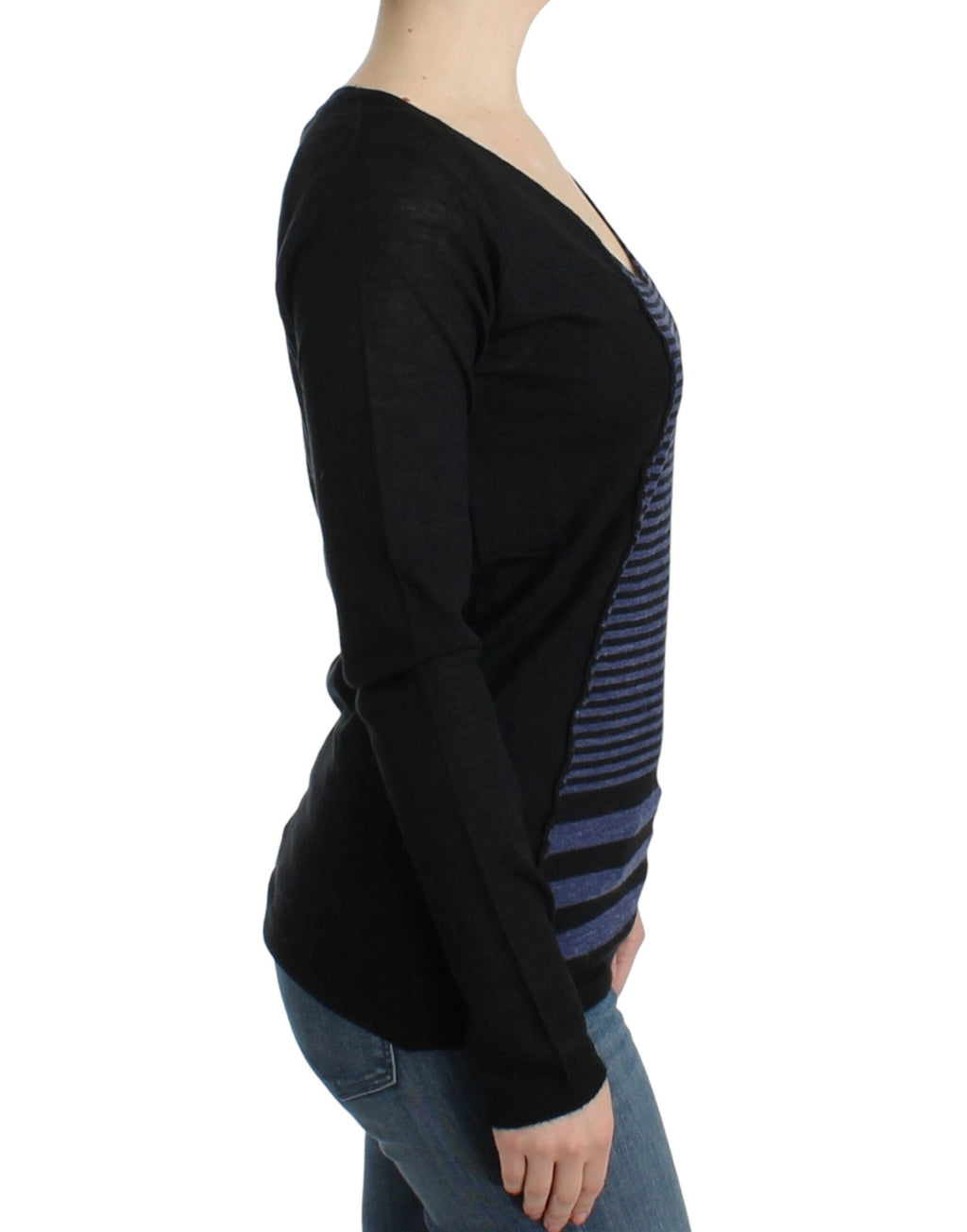 Costume National Schwarzer gestreifter Pullover mit V-Ausschnitt