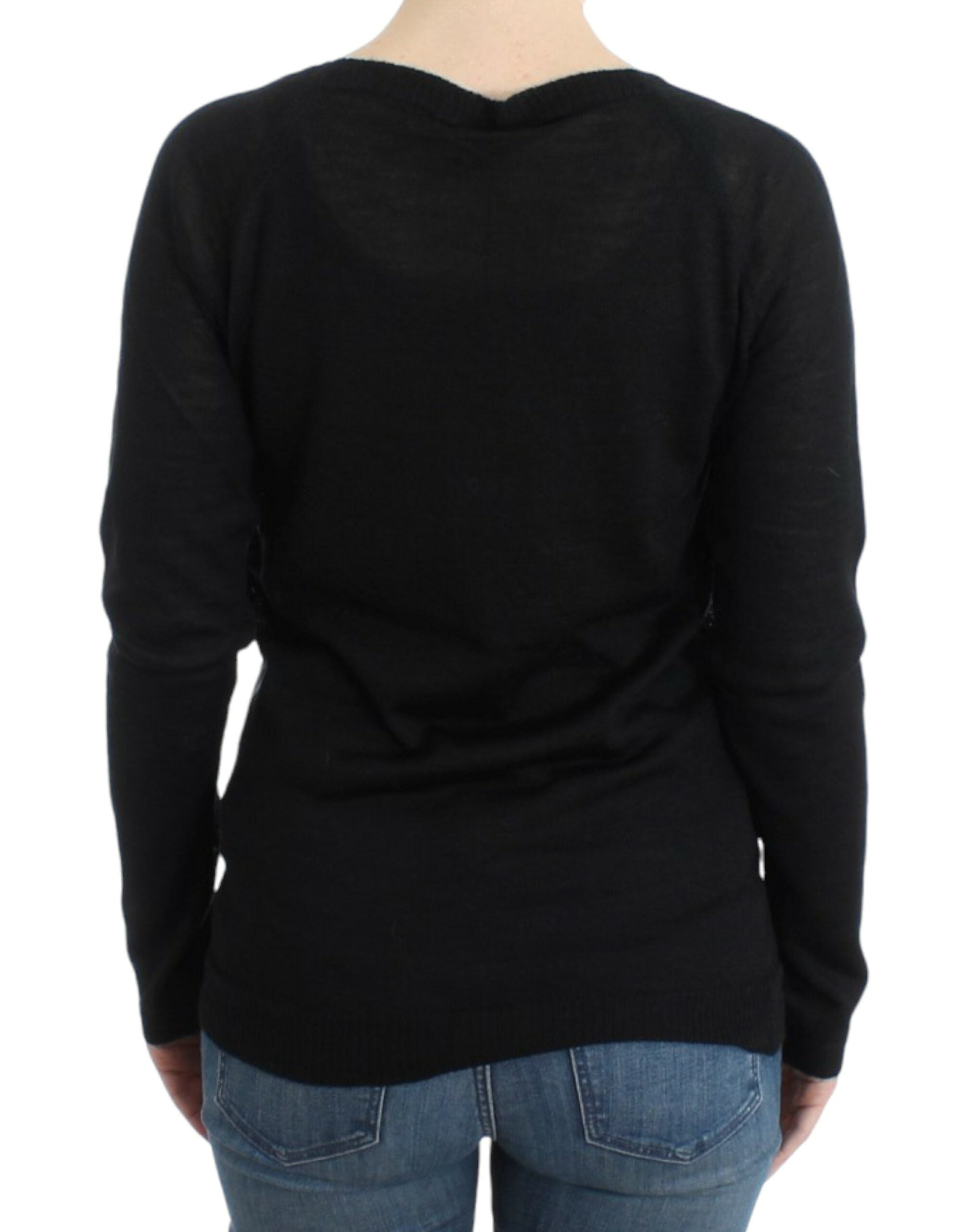 Costume National Schwarzer gestreifter Pullover mit V-Ausschnitt