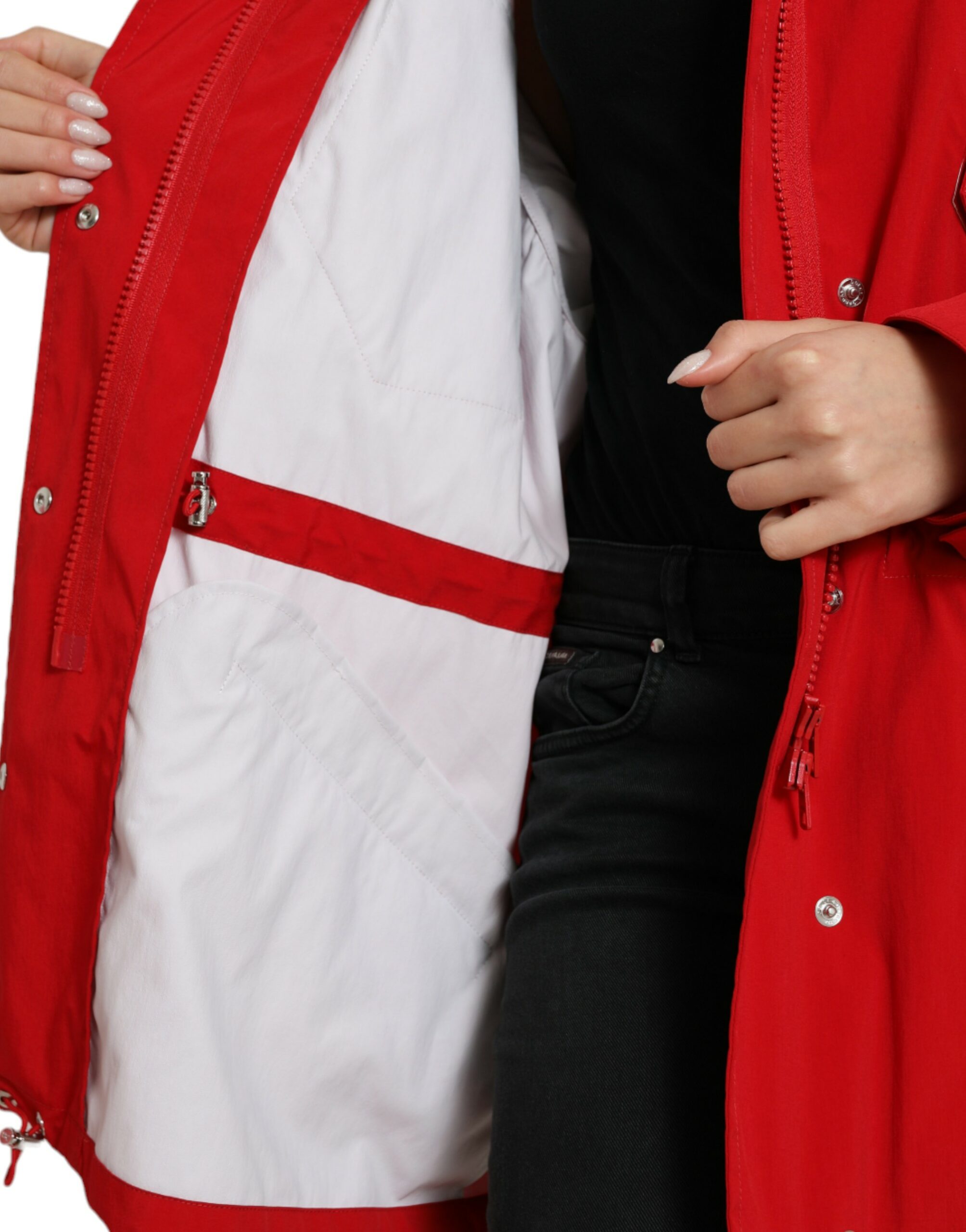 Dolce & Gabbana Roter Polyester Regenmantel mit Kapuze und Knopfleiste