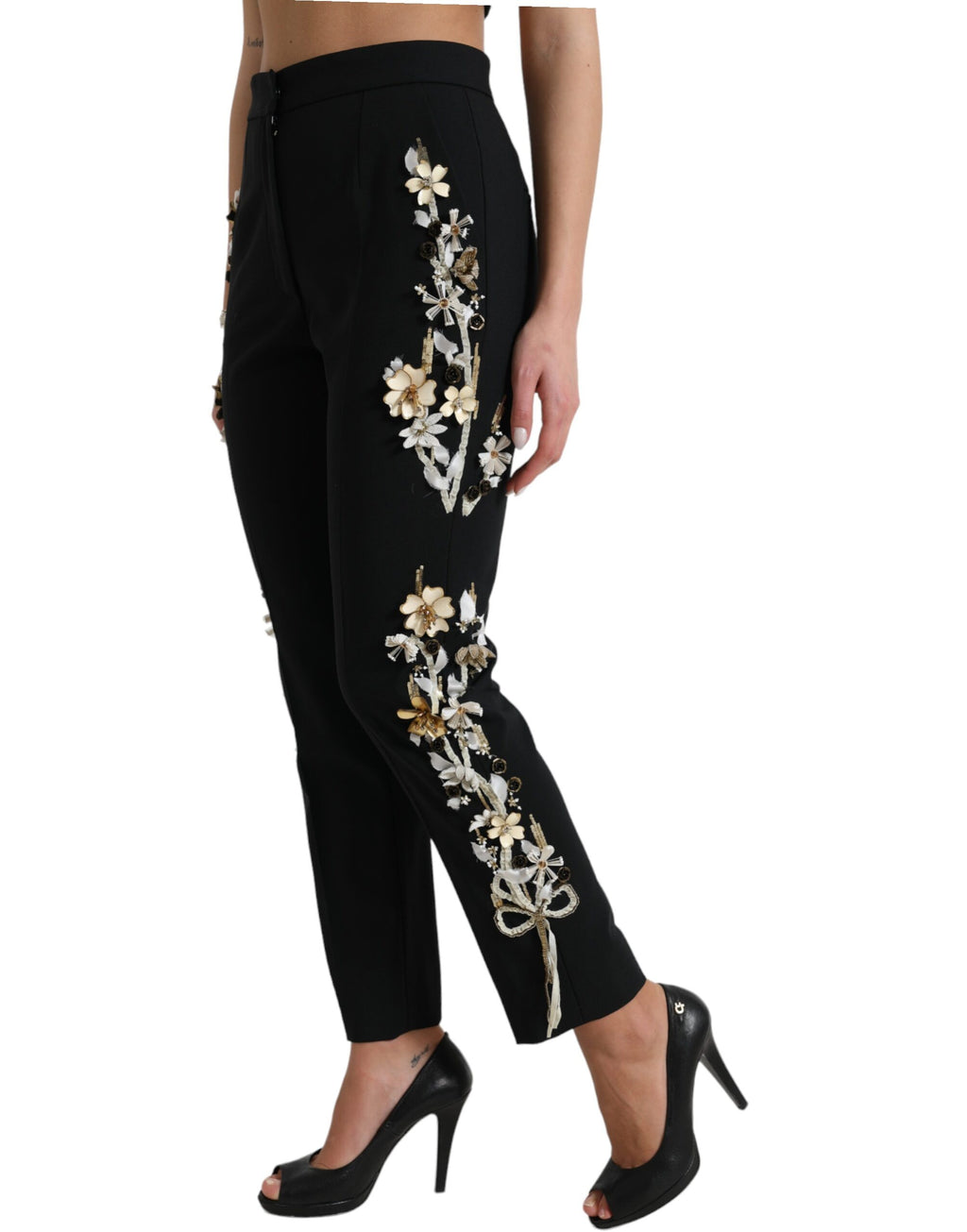 Dolce & Gabbana Schwarze Hose mit Blumenapplikation und hoher Taille, konisch zulaufend