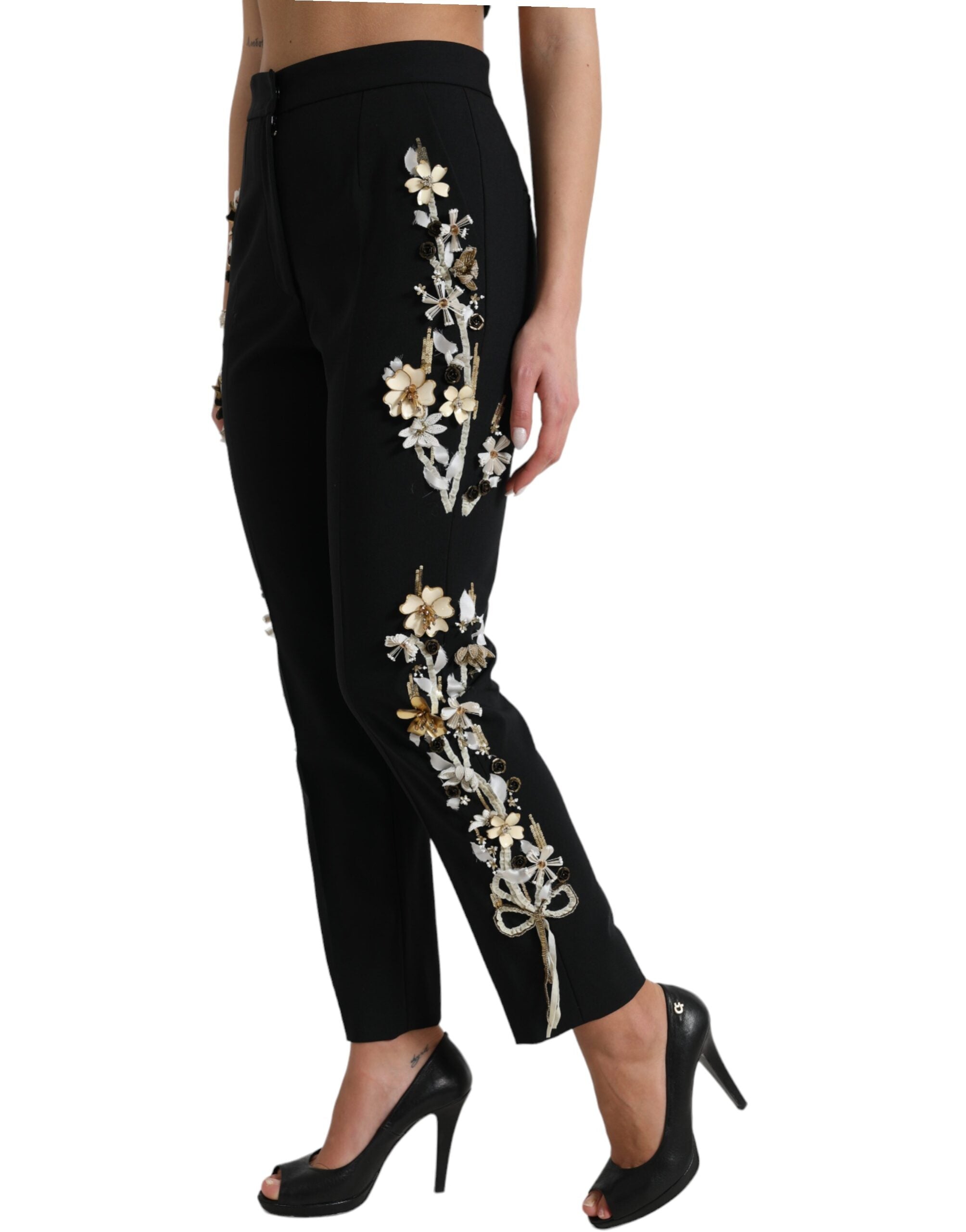 Dolce & Gabbana Schwarze Hose mit Blumenapplikation und hoher Taille, konisch zulaufend