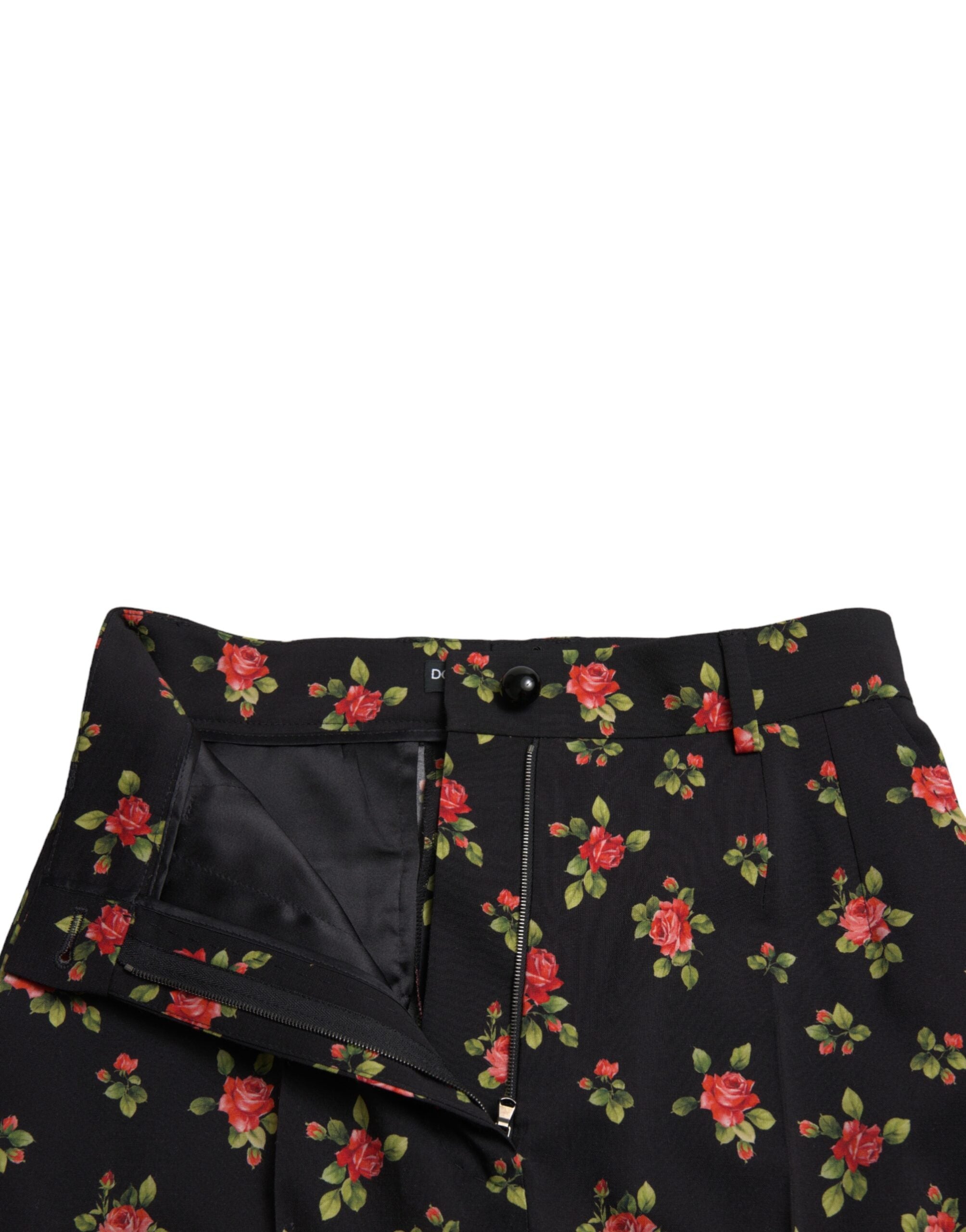 Dolce & Gabbana Schwarze, geblümte, taillierte Hose aus Wolle mit hoher Taille