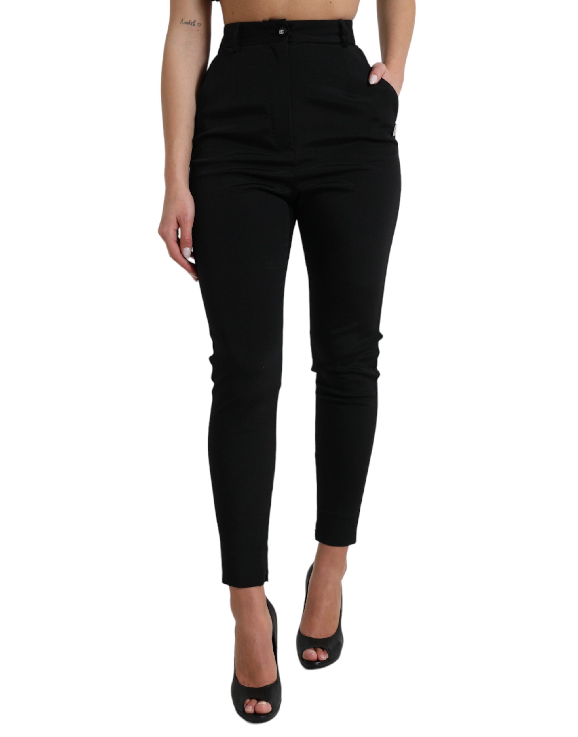 Dolce & Gabbana Schwarze Woll-Stretch-Hose mit hoher Taille in Skinny-Form