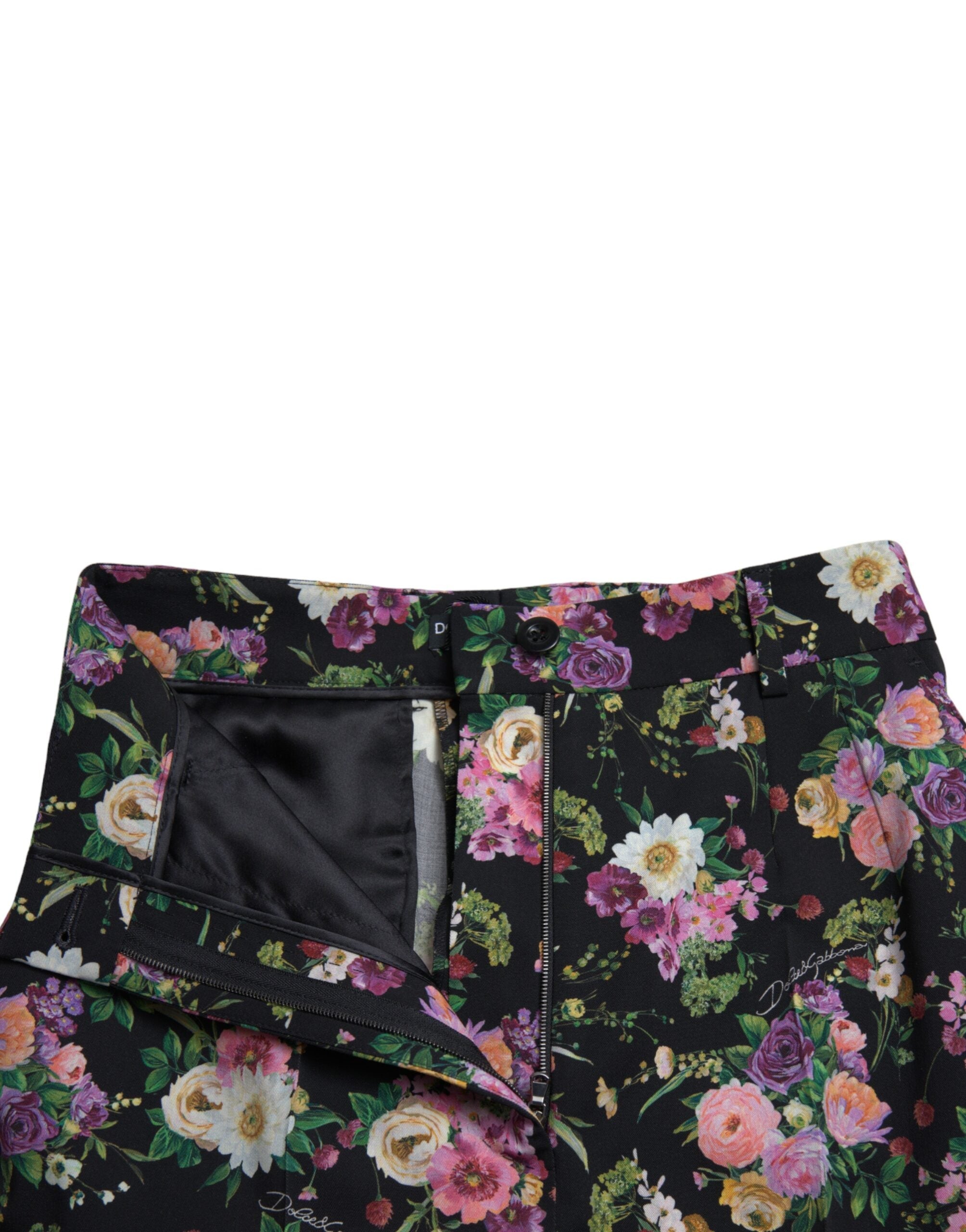 Dolce & Gabbana Schwarze geblümte Wollhose mit weitem Bein und hoher Taille