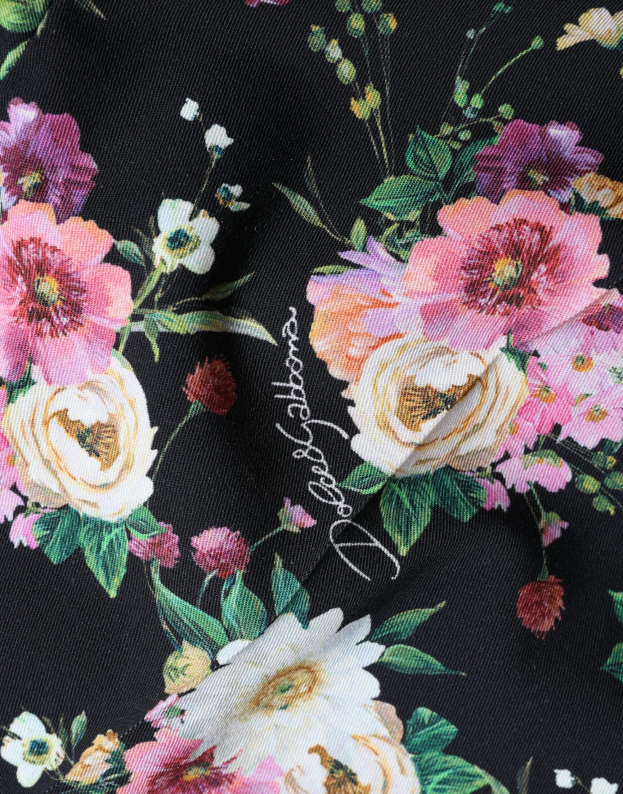 Dolce & Gabbana Schwarze geblümte Wollhose mit weitem Bein und hoher Taille