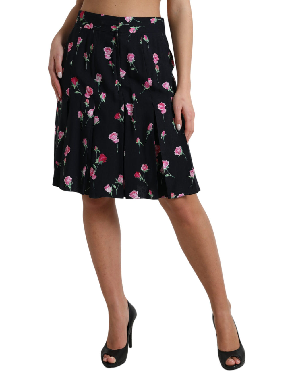 Dolce & Gabbana Schwarzer Rosenrock mit hoher Taille und knielanger A-Linie