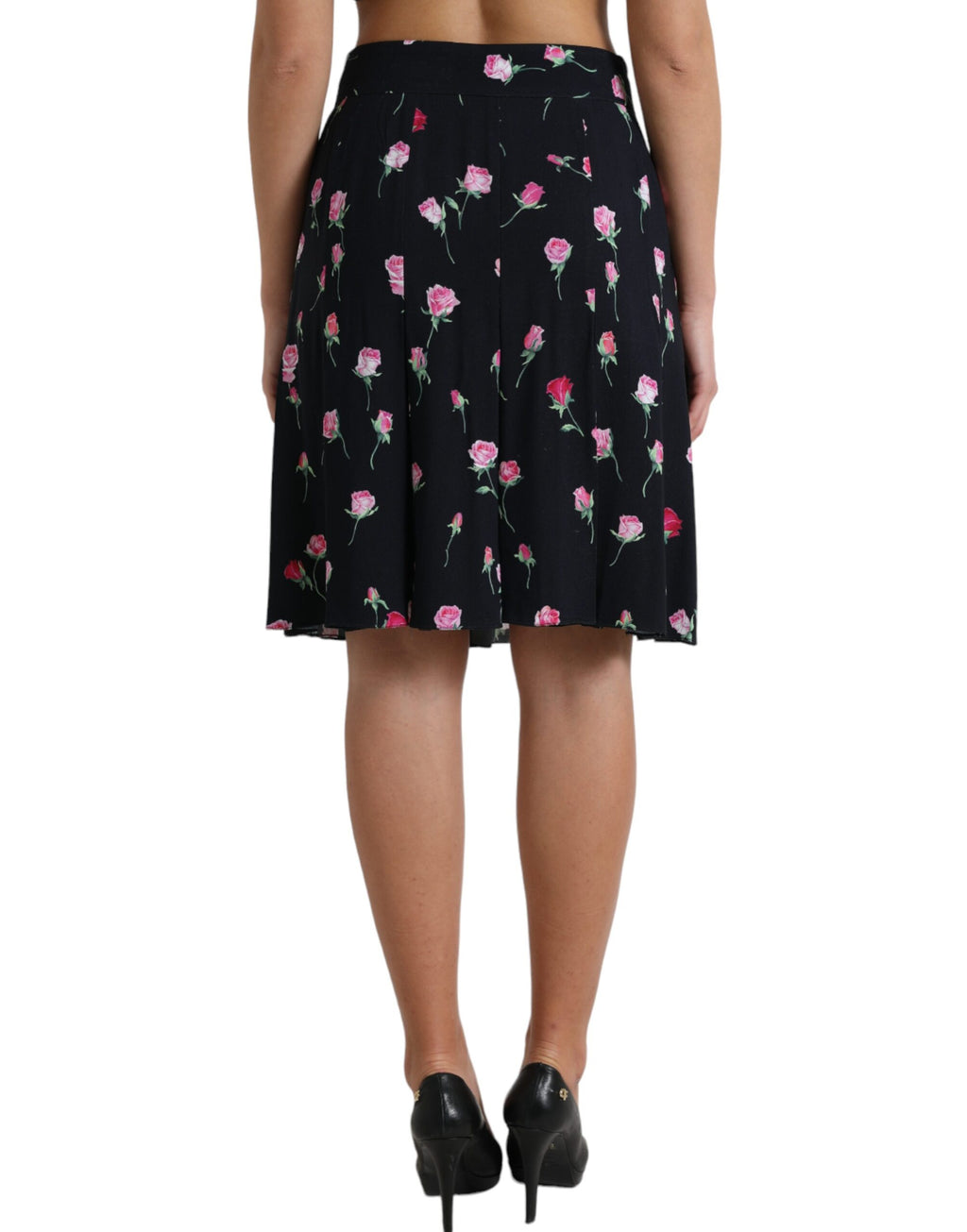 Dolce & Gabbana Schwarzer Rosenrock mit hoher Taille und knielanger A-Linie