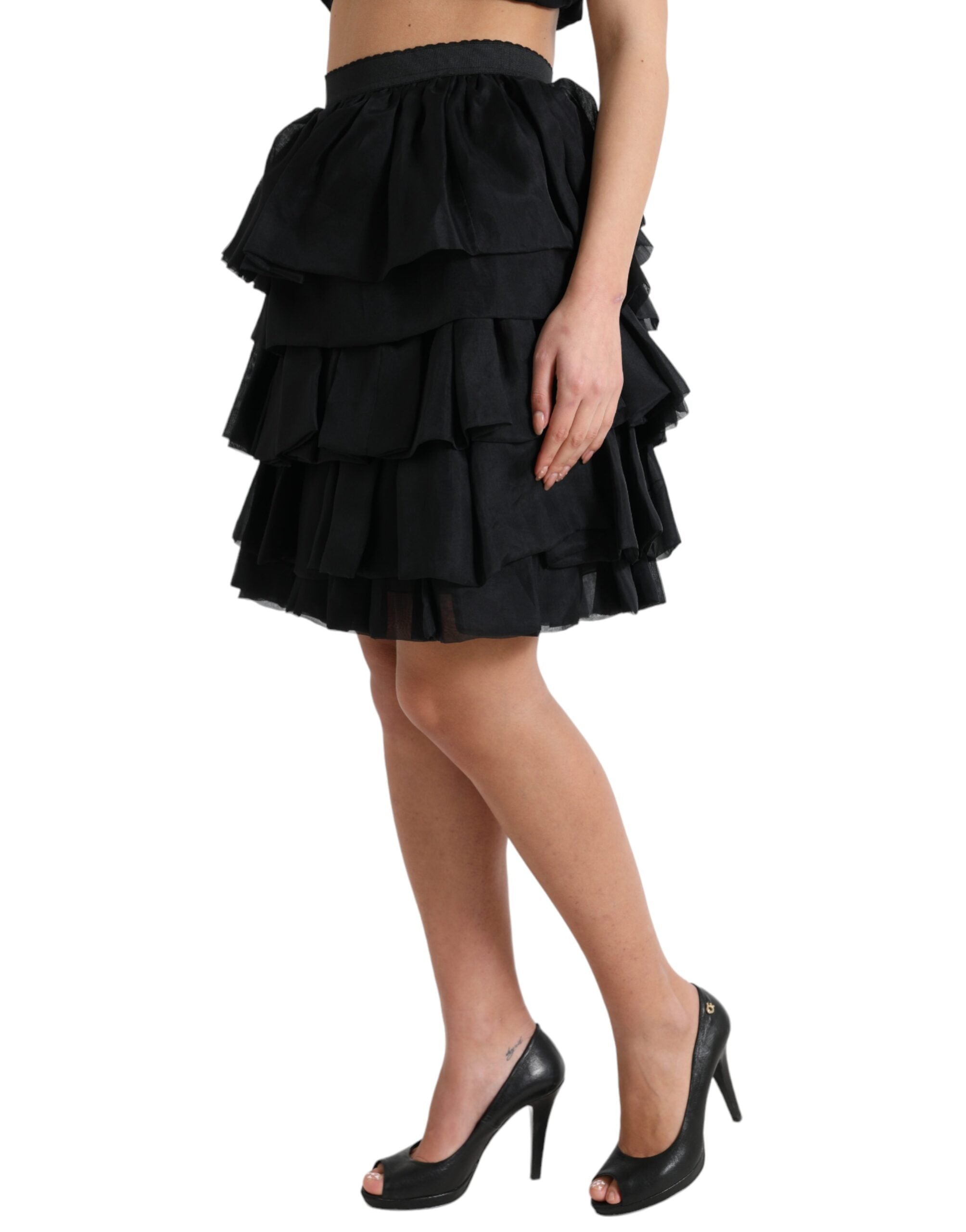 Dolce & Gabbana Schwarzer gestufter Aline Seidenminirock mit hoher Taille