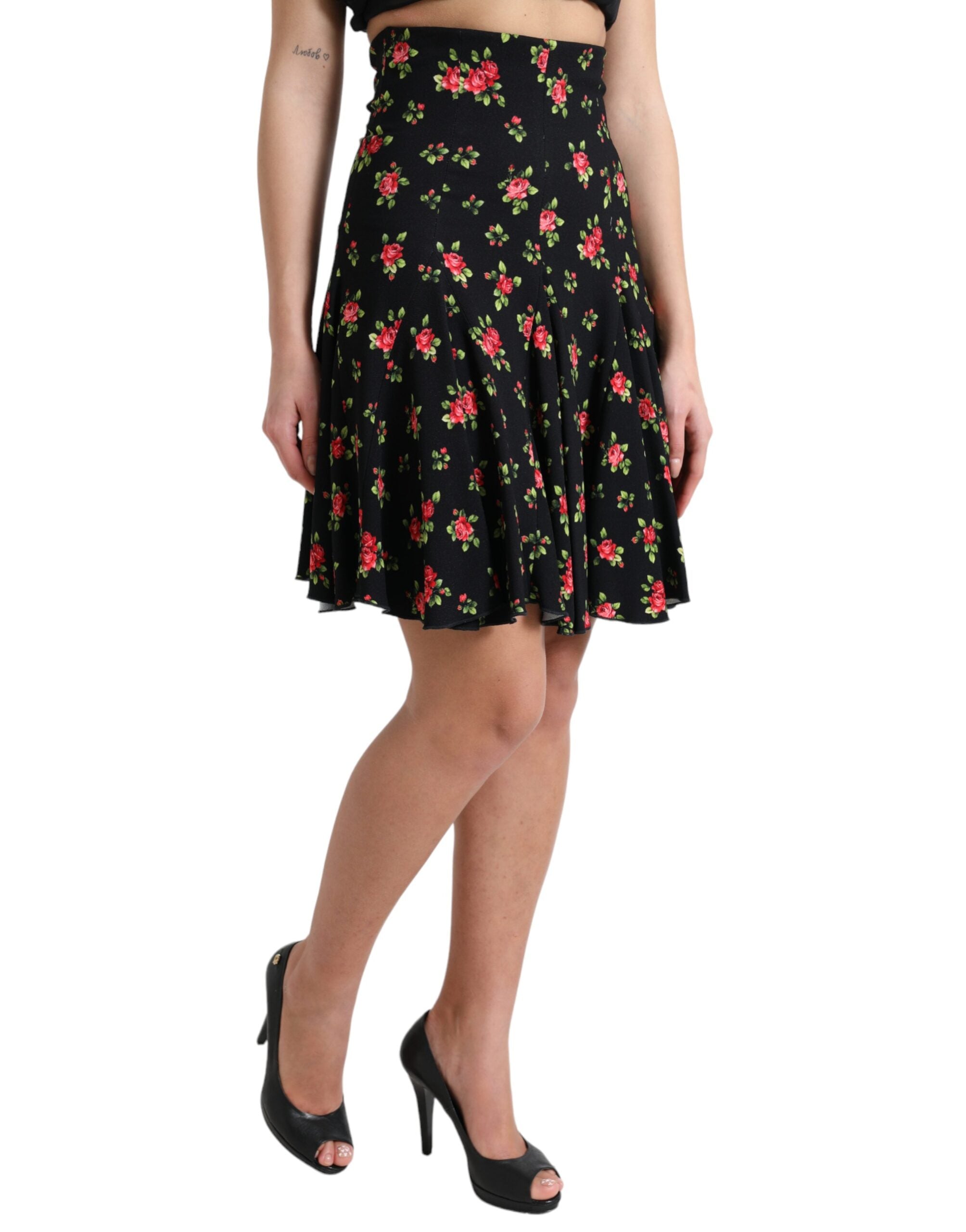 Dolce & Gabbana Schwarzer Rosenmuster-Minirock mit hoher Taille und A-Linie