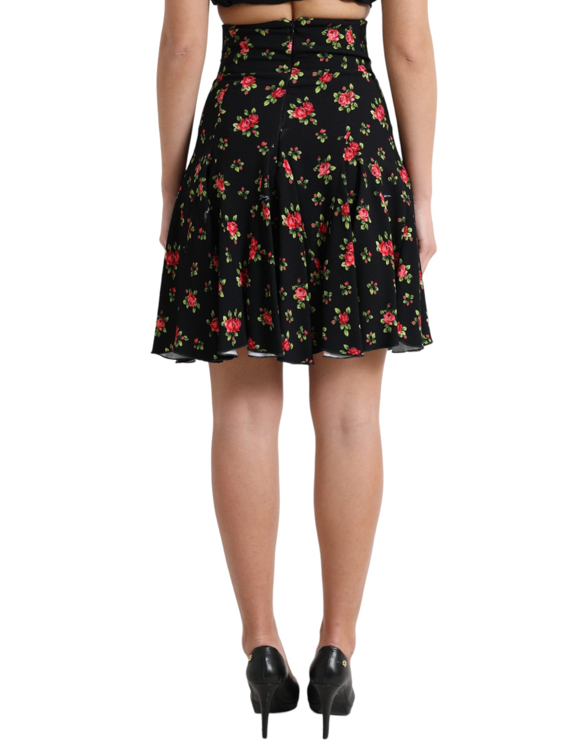 Dolce & Gabbana Schwarzer Rosenmuster-Minirock mit hoher Taille und A-Linie