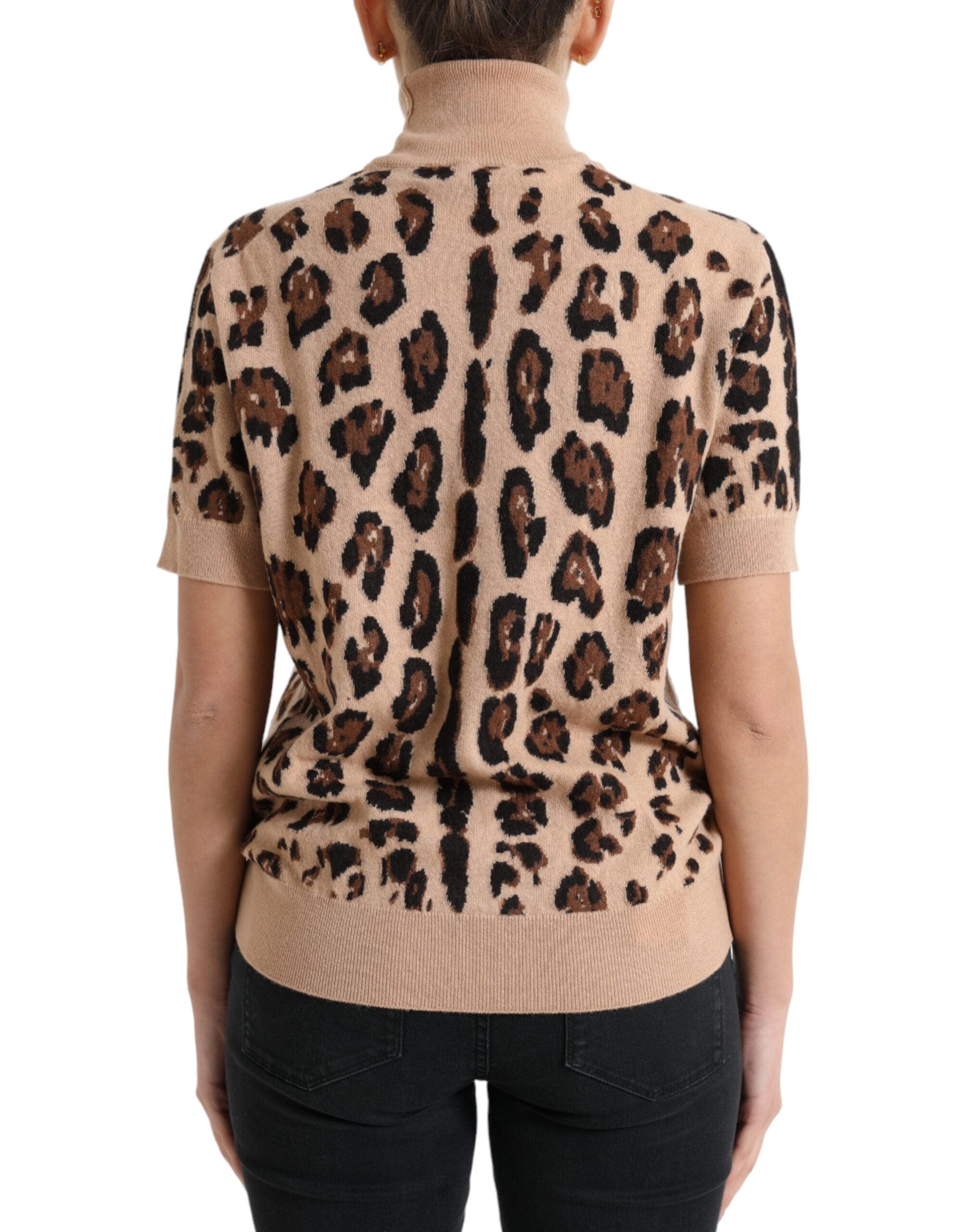 Dolce & Gabbana Beigefarbenes Rollkragenpullover aus Wolle mit Leopardenmuster
