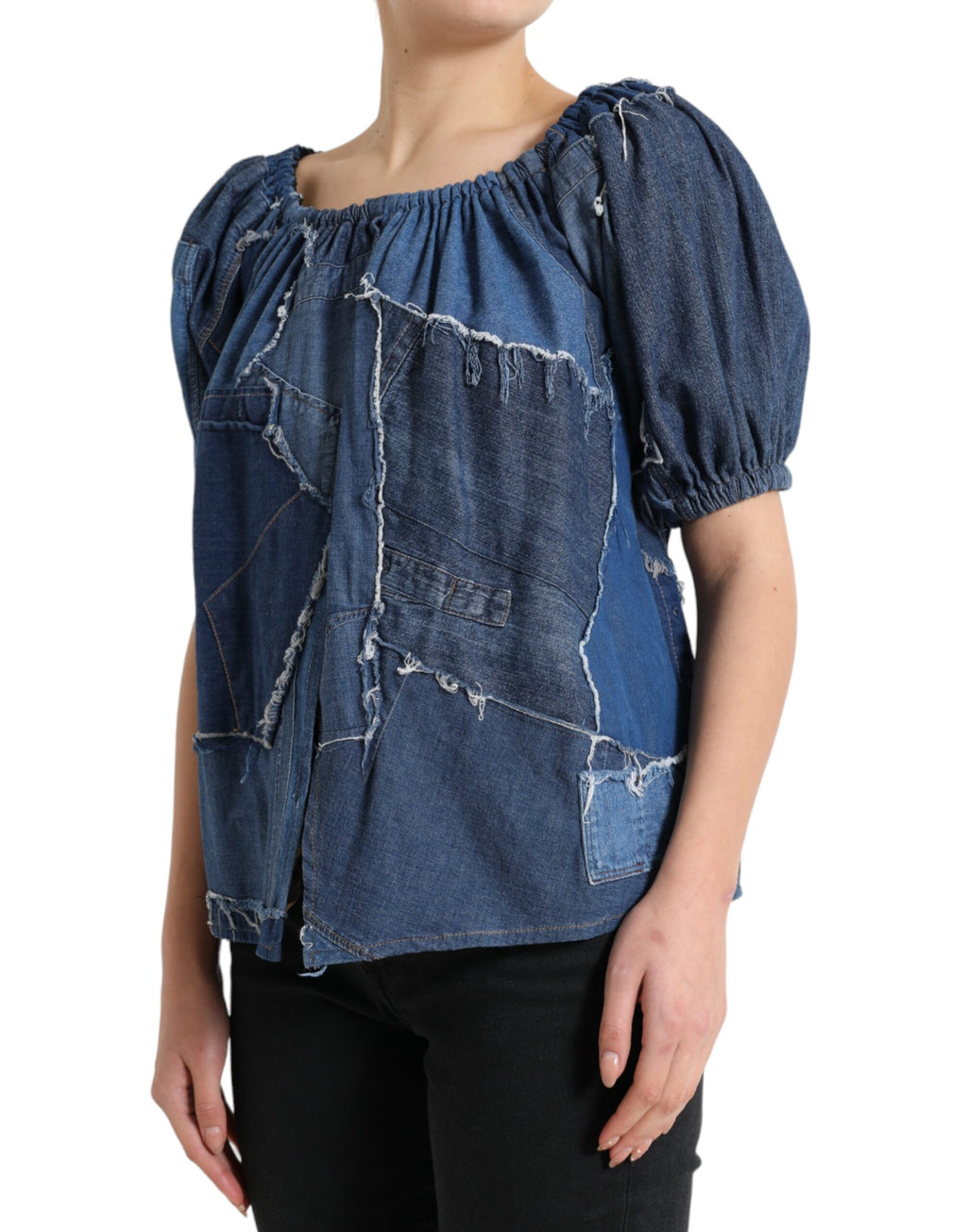 Dolce & Gabbana Blaues Patchwork Denim-Blusen-Top mit kurzen Ärmeln