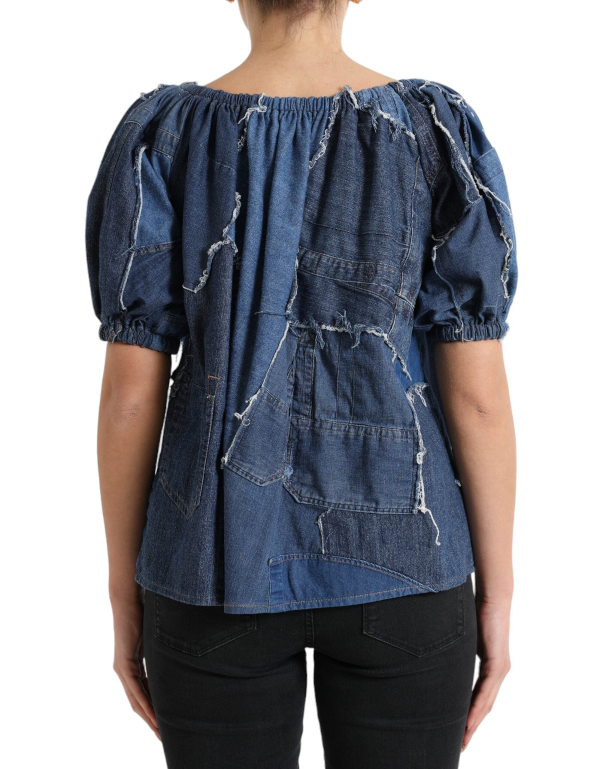Dolce & Gabbana Blaues Patchwork Denim-Blusen-Top mit kurzen Ärmeln
