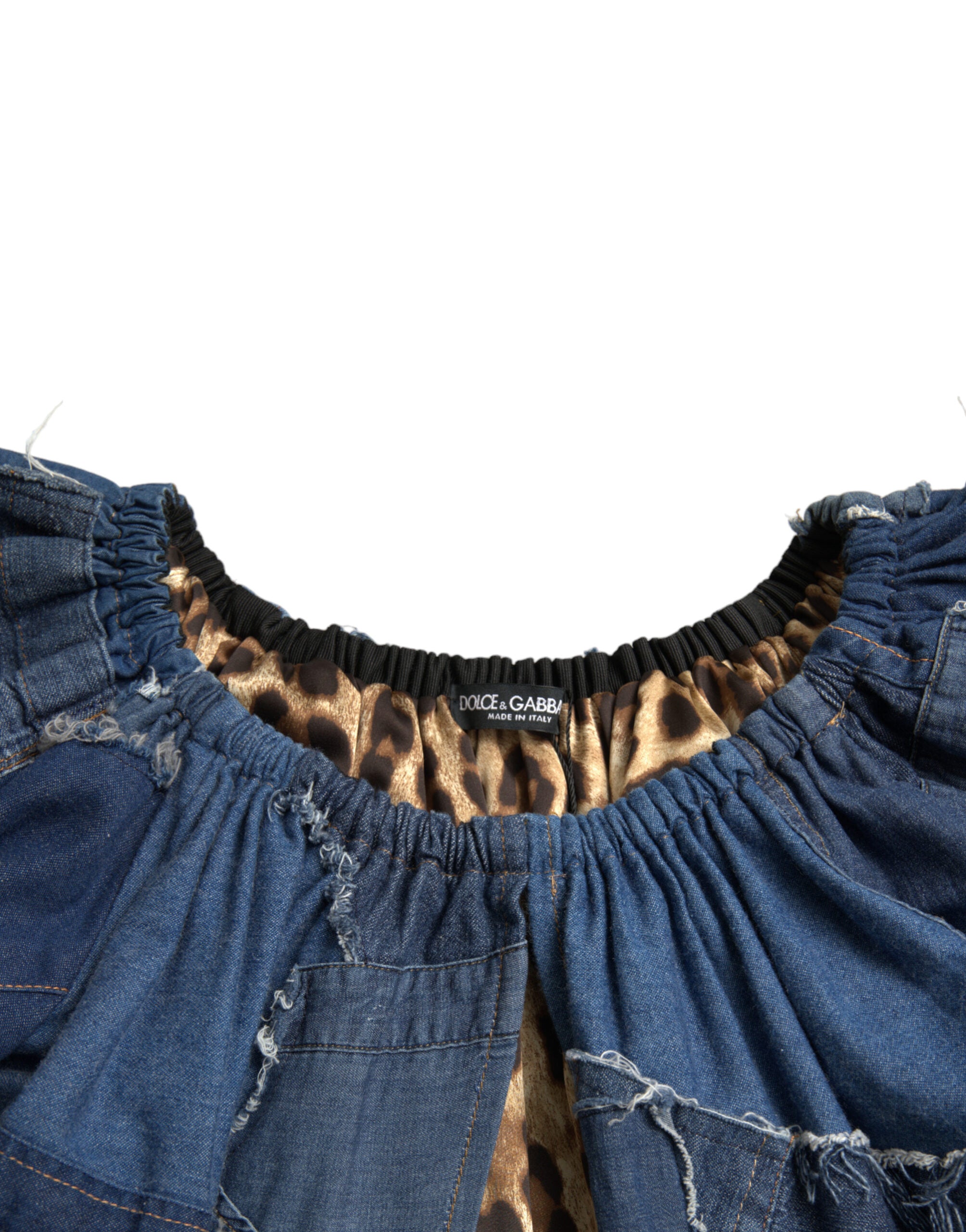 Dolce & Gabbana Blaues Patchwork Denim-Blusen-Top mit kurzen Ärmeln