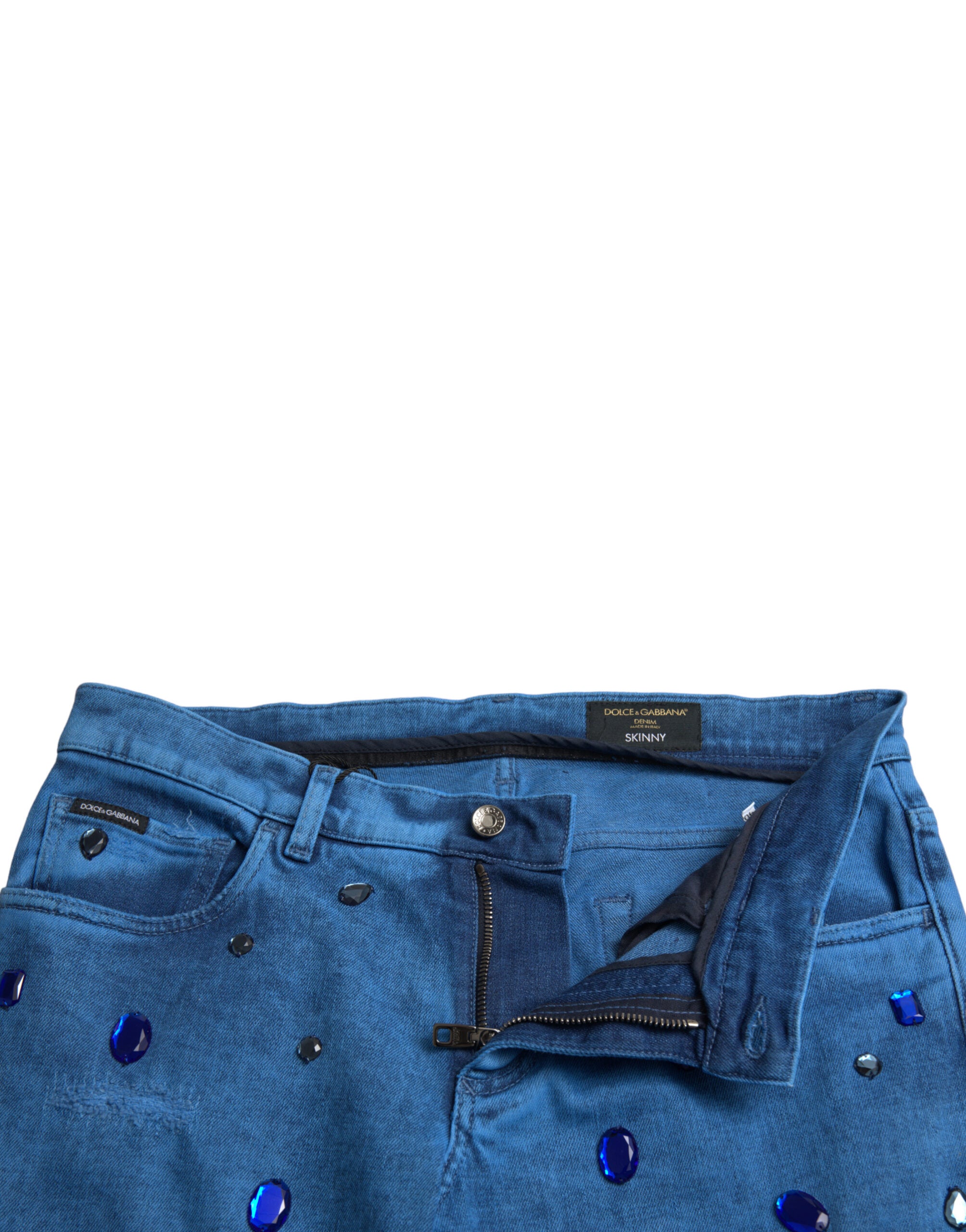 Dolce & Gabbana Blaue, kristallverzierte Skinny Denim Jeans