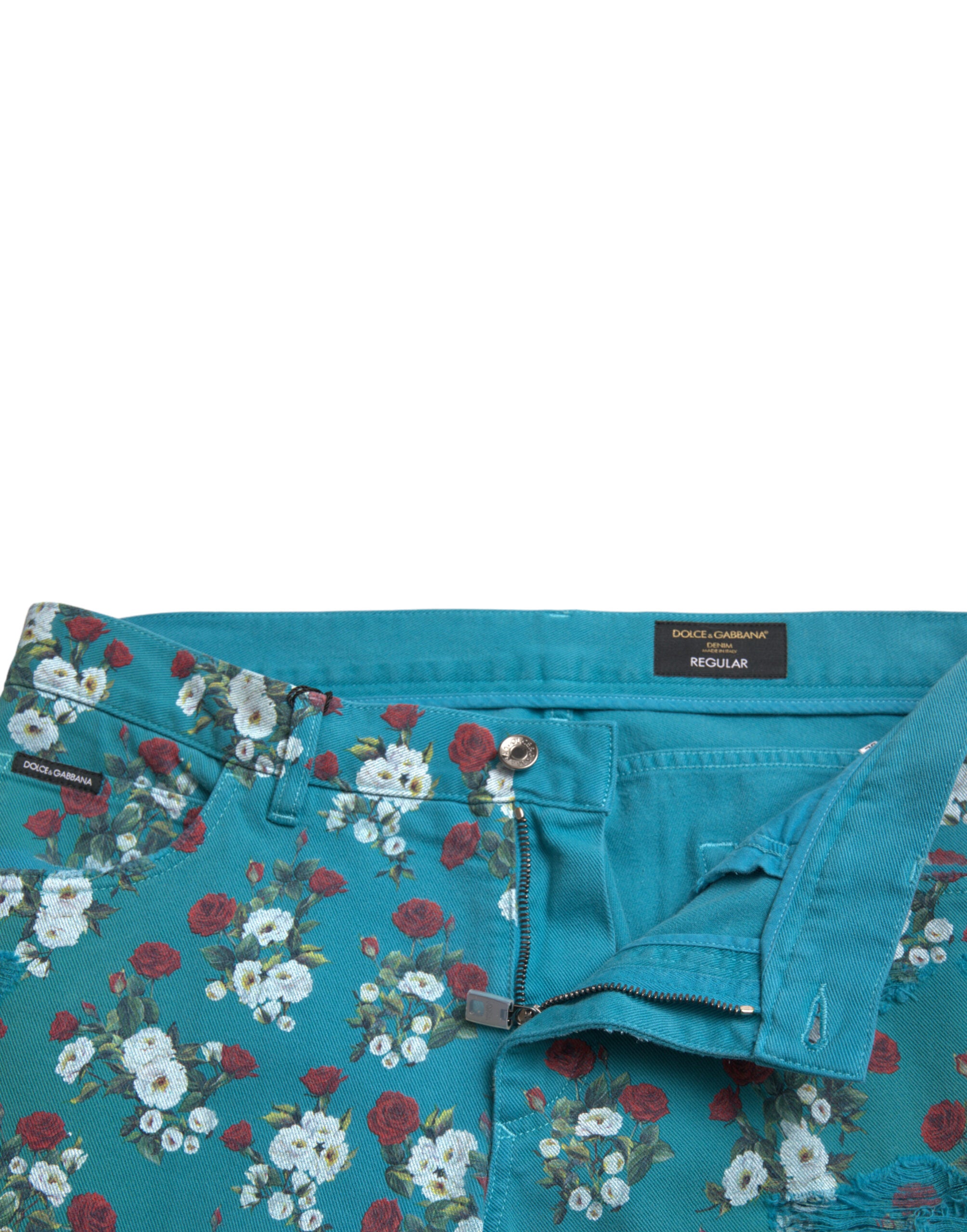 Dolce & Gabbana Blaue Skinny Denim-Hose aus Baumwolle mit Blumendruck