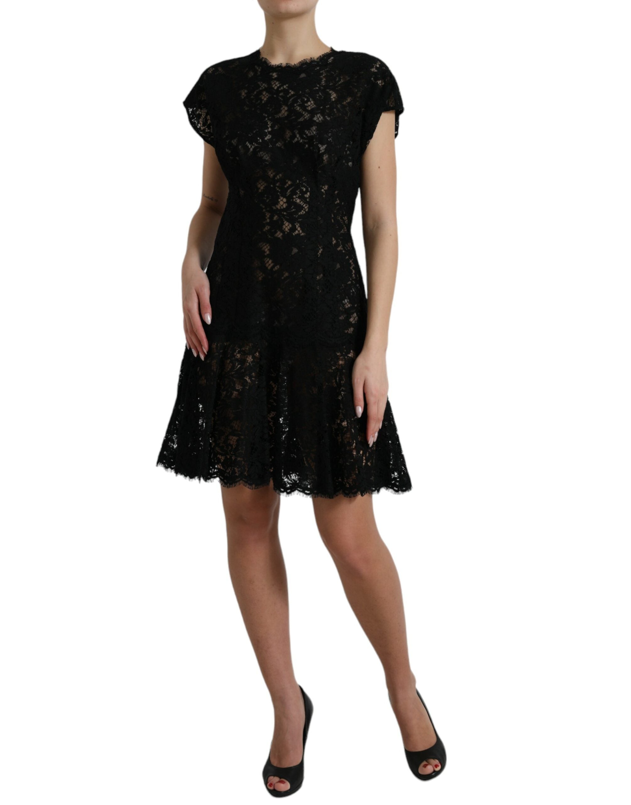 Dolce & Gabbana Schwarzes A-Linien-Minikleid aus Baumwolle mit floraler Spitze