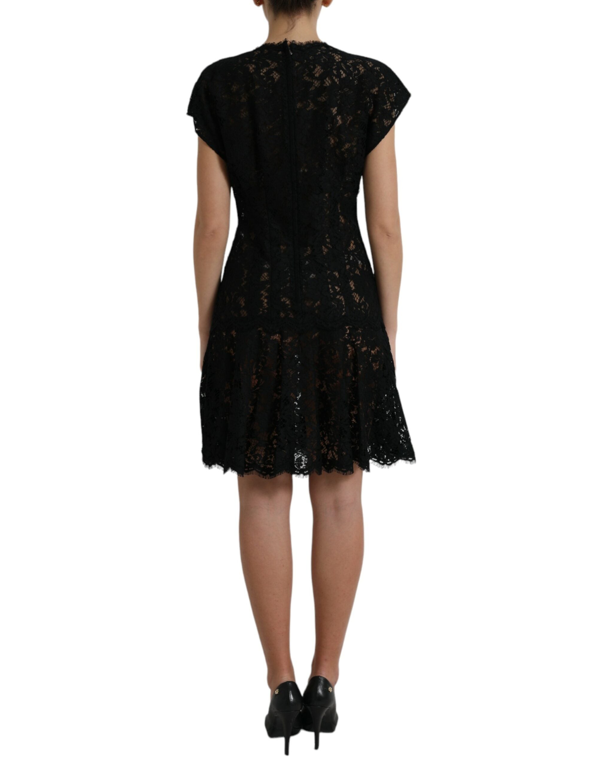 Dolce & Gabbana Schwarzes A-Linien-Minikleid aus Baumwolle mit floraler Spitze